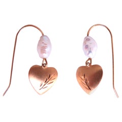 Rice Pearl And Heart Dangle Wire Earrings 14kt Gold Intricate 12604*
