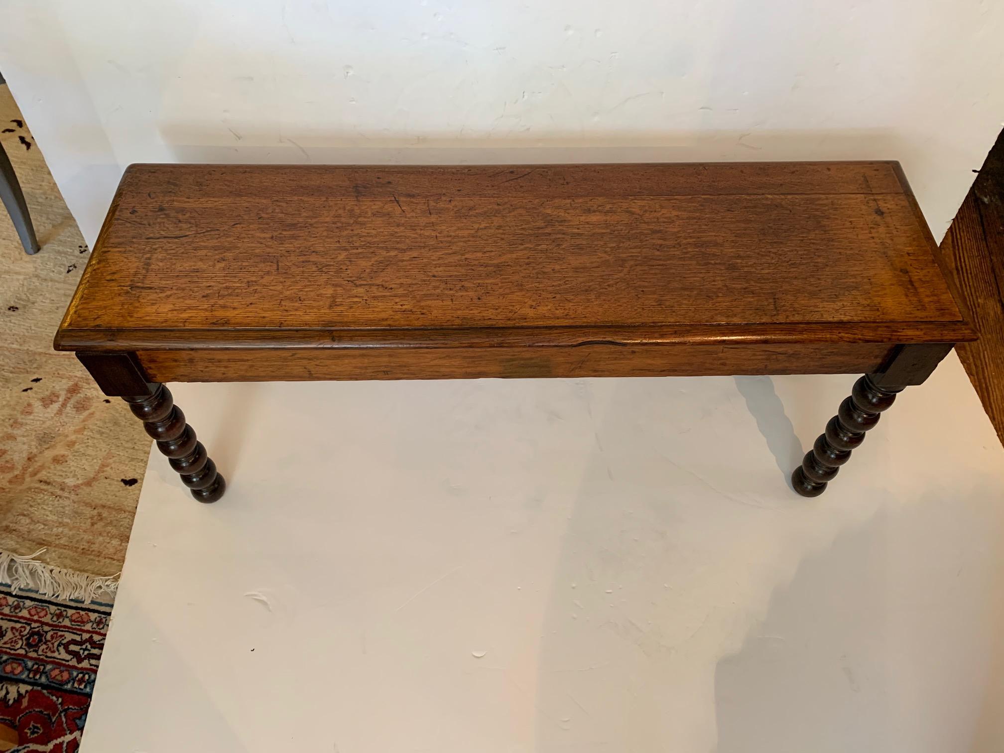 Rich Antique English Oak Bench with Turned Legs 1