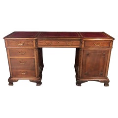 Rich Antique Walnut Edwardian Pedestal Desk with Burgundy Leather Top