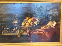 Rich Baroque Still Life with Fruit, Silverware & Drapery (19th Century)
