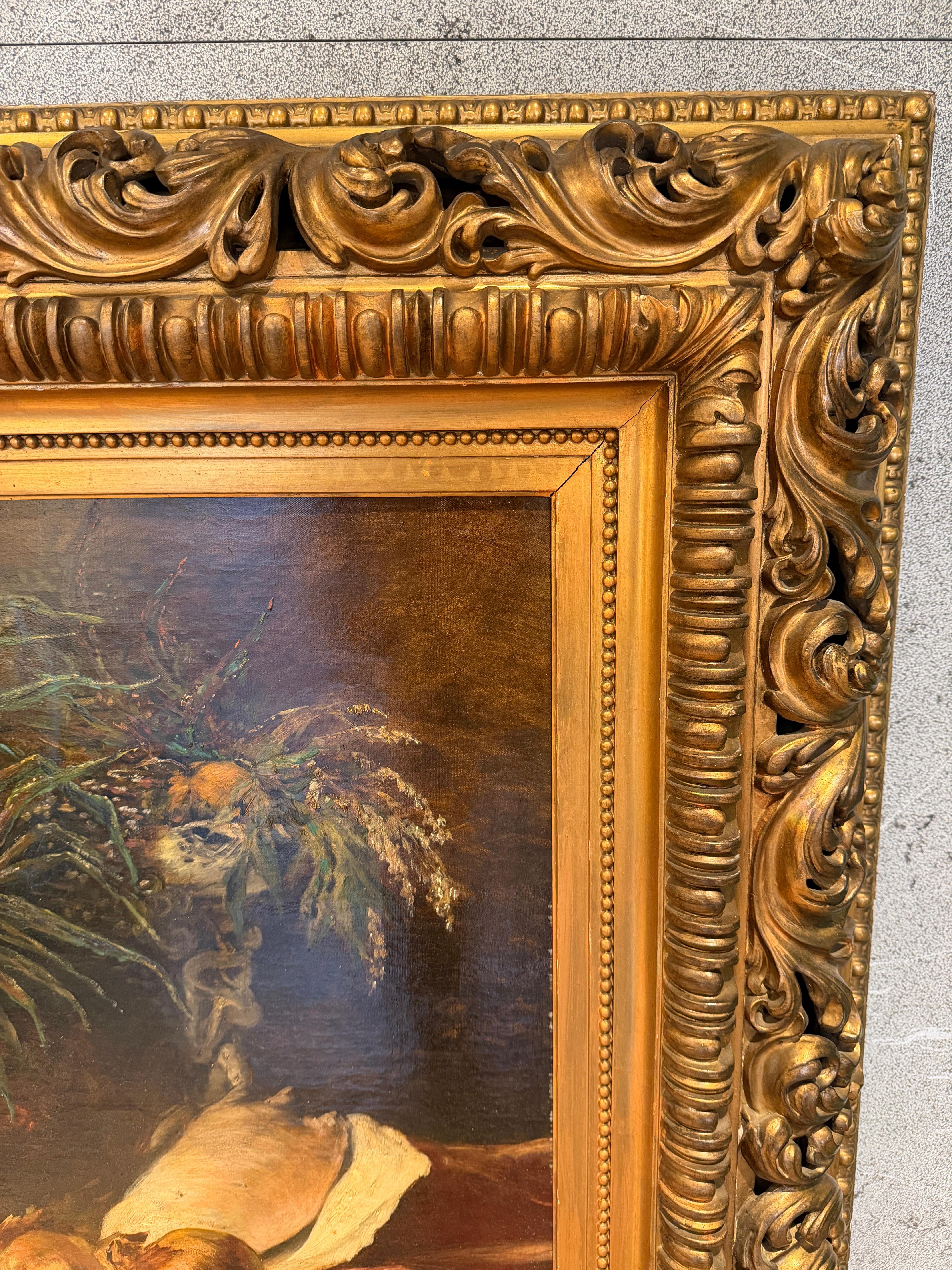 Rich Baroque Still Life with Fruit, Silverware & Drapery (19th Century) (Barock) im Angebot