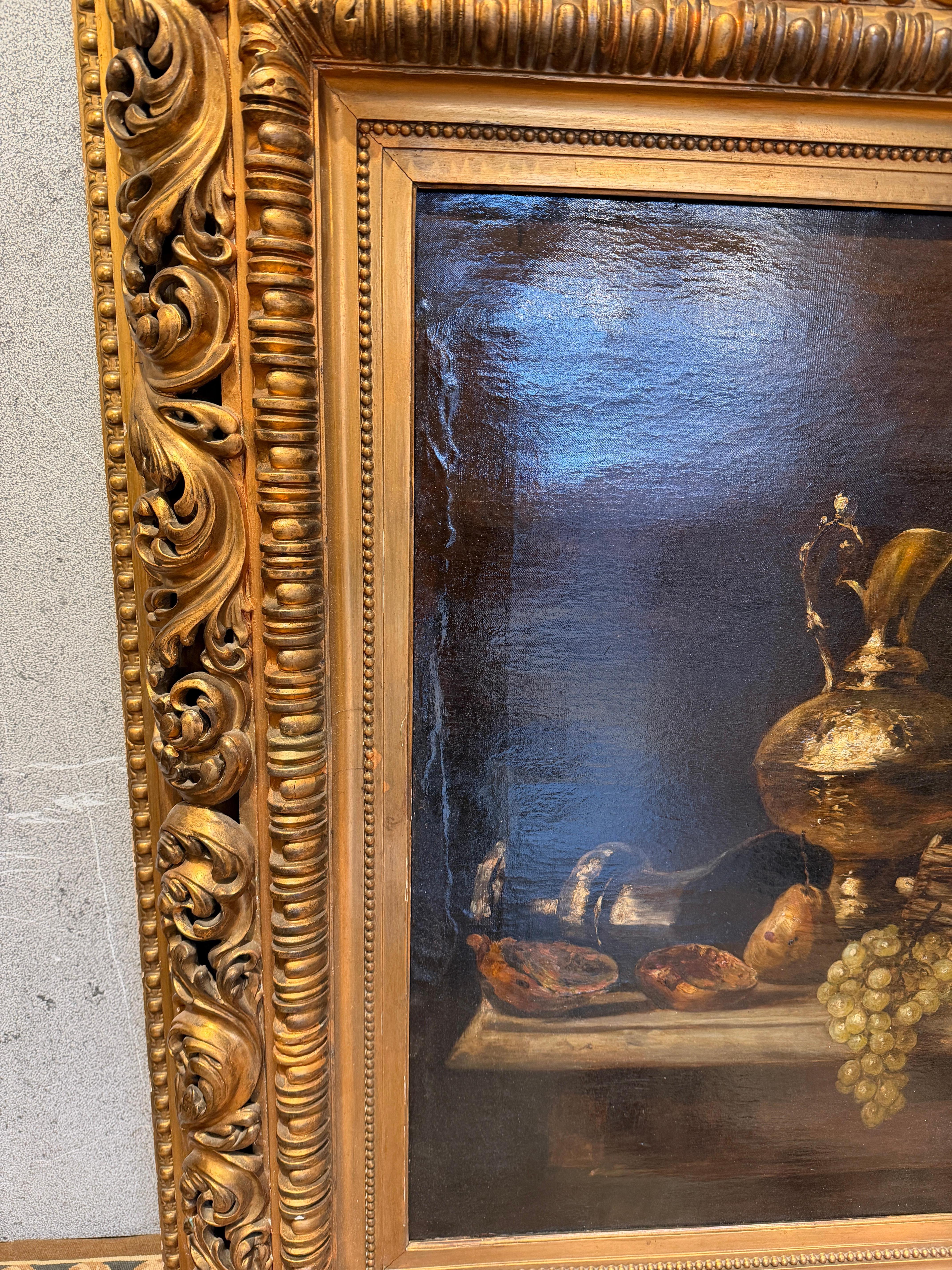 Rich Baroque Still Life with Fruit, Silverware & Drapery (19th Century) (Deutsch) im Angebot