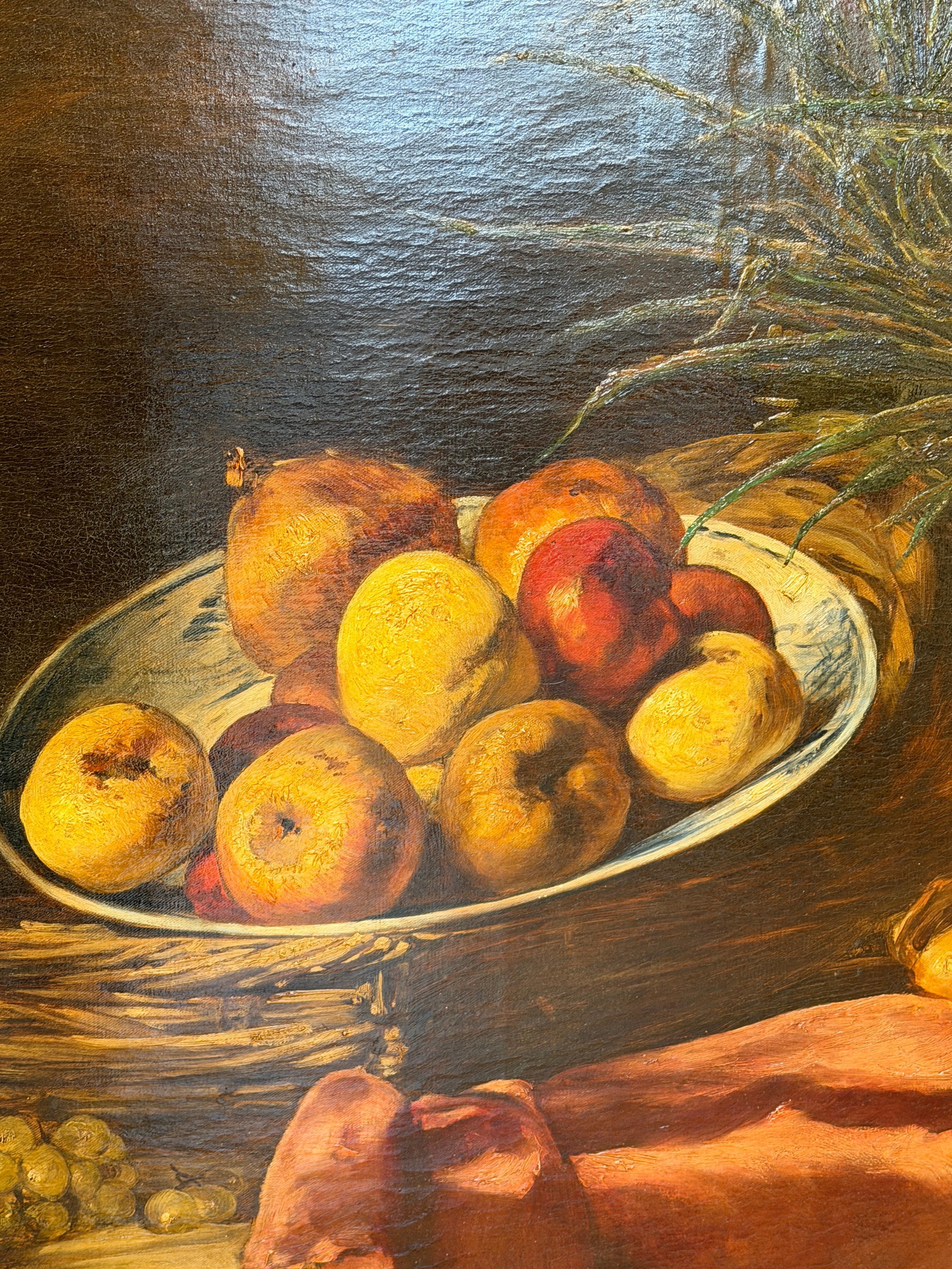 Rich Baroque Still Life with Fruit, Silverware & Drapery (19th Century) (19. Jahrhundert) im Angebot