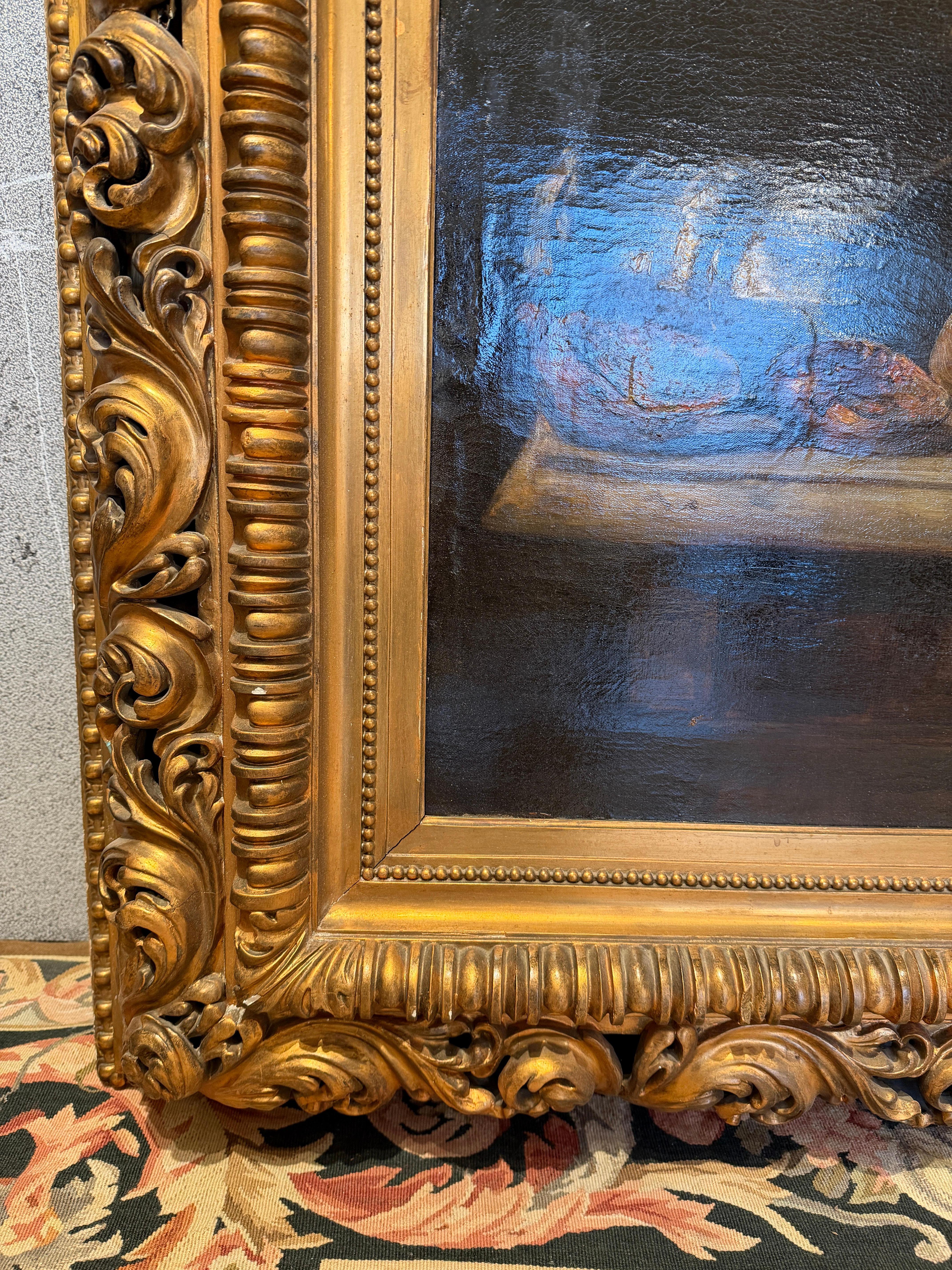 Rich Baroque Still Life with Fruit, Silverware & Drapery (19th Century) (Holz) im Angebot