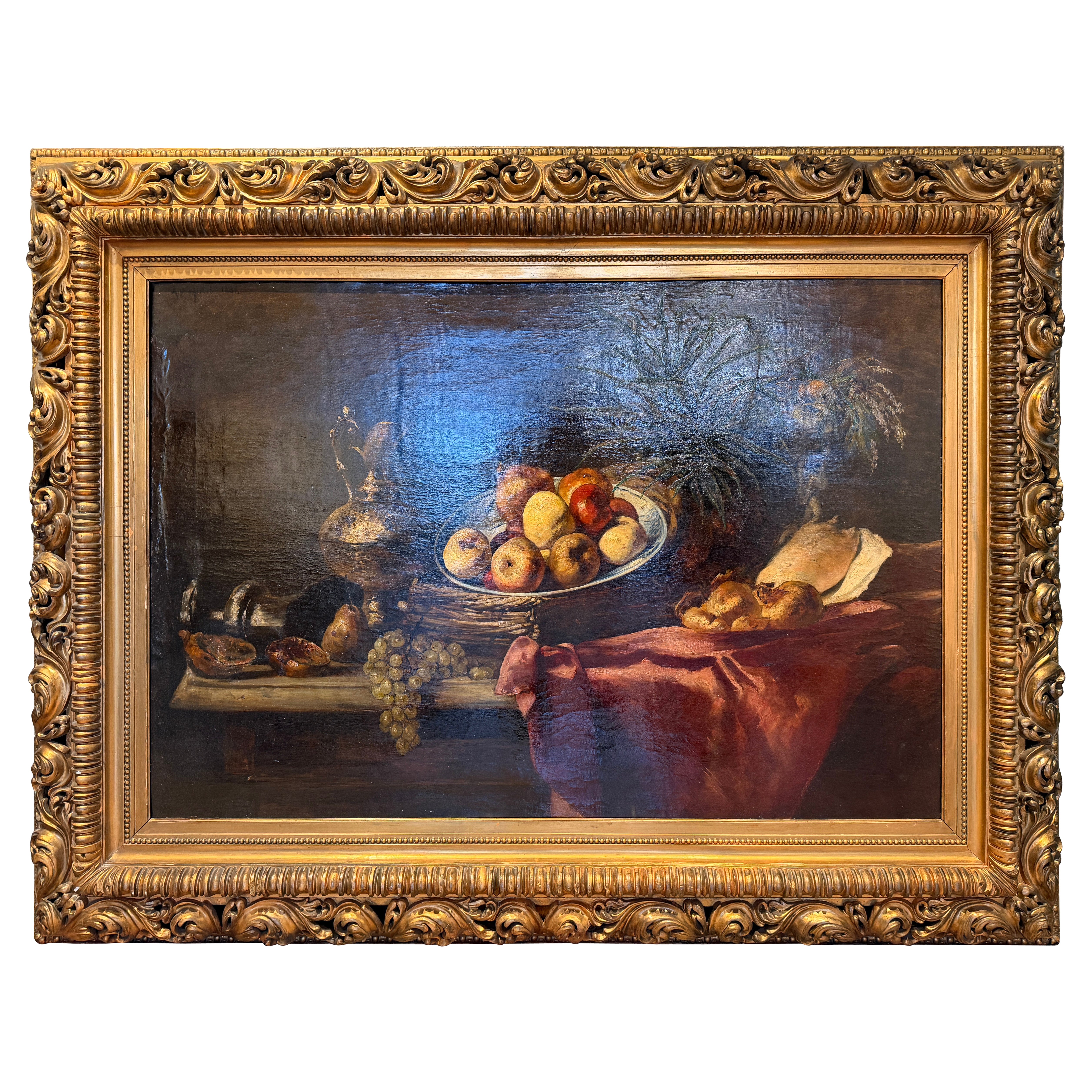 Rich Baroque Still Life with Fruit, Silverware 
Drapery (19th Century) im Angebot
