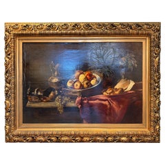 Rich Baroque Still Life with Fruit, Silverware 
Drapery (19th Century)