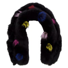 Rich Black Fox Fur Stole with Multi Colored Pom Pom Embellishments 