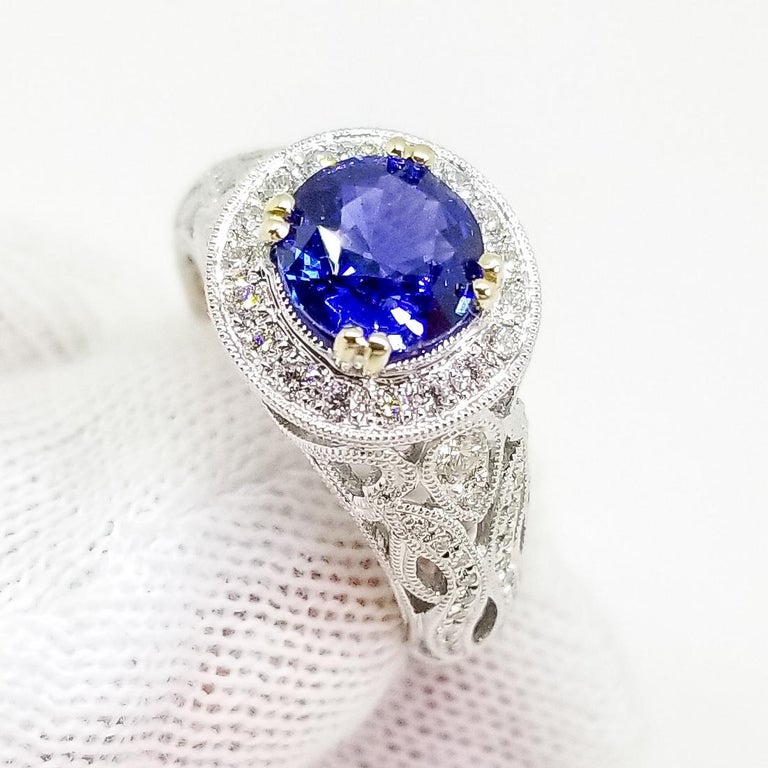 Rich Blue AAA Sapphire and Diamond Halo Ring 18K White Gold Filigree Millegrain For Sale 4
