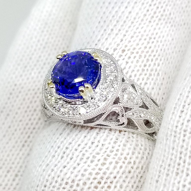 Rich Blue AAA Sapphire and Diamond Halo Ring 18K White Gold Filigree Millegrain For Sale 5