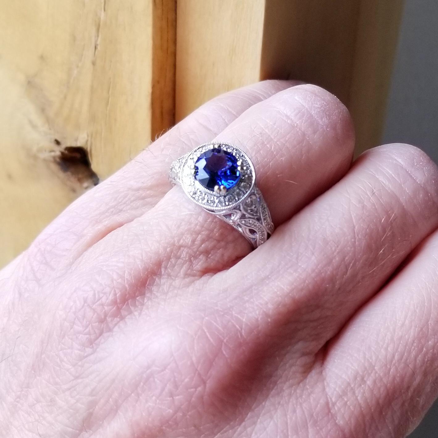 Rich Blue AAA Sapphire and Diamond Halo Ring 18K White Gold Filigree Millegrain For Sale 4