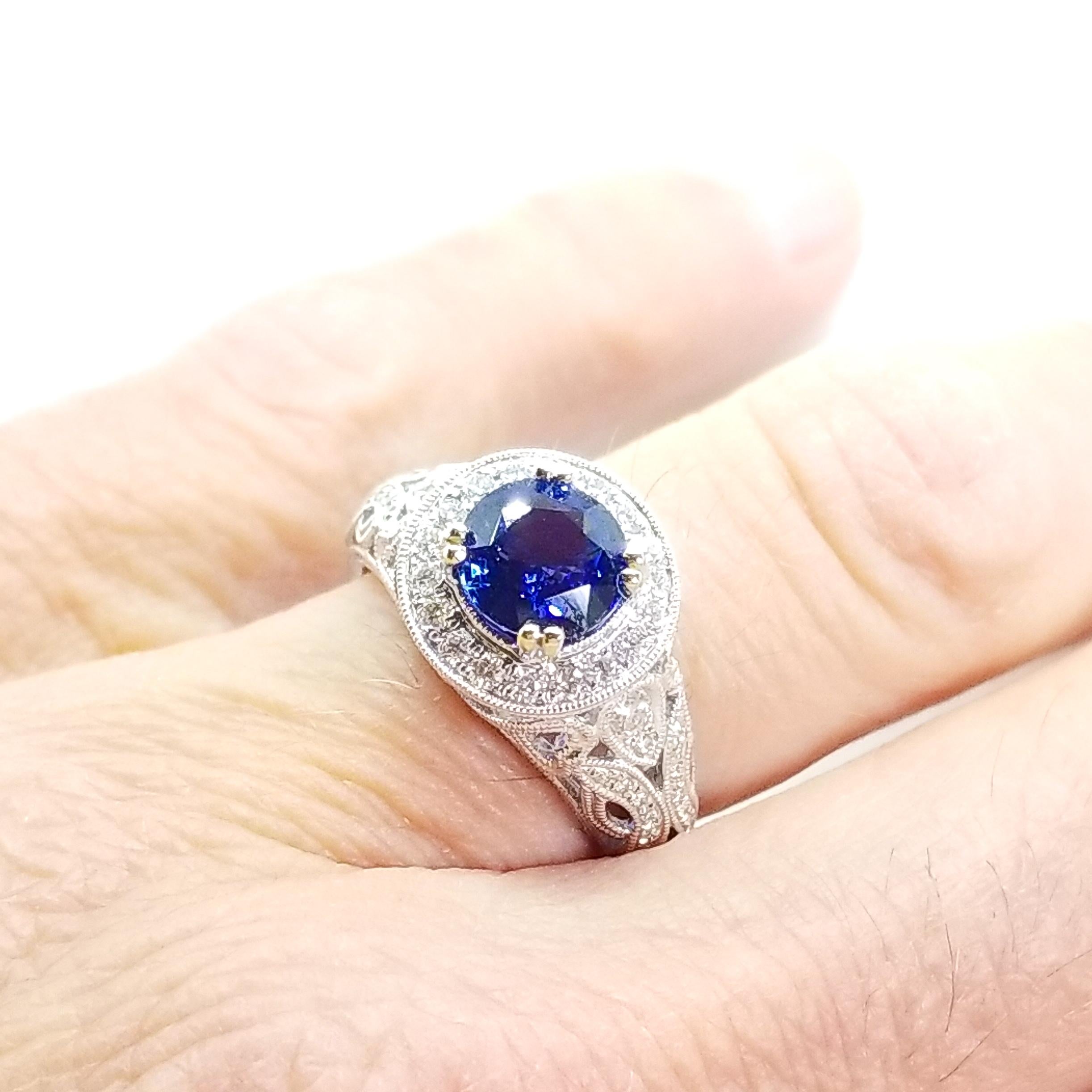 Rich Blue AAA Sapphire and Diamond Halo Ring 18K White Gold Filigree Millegrain For Sale 6