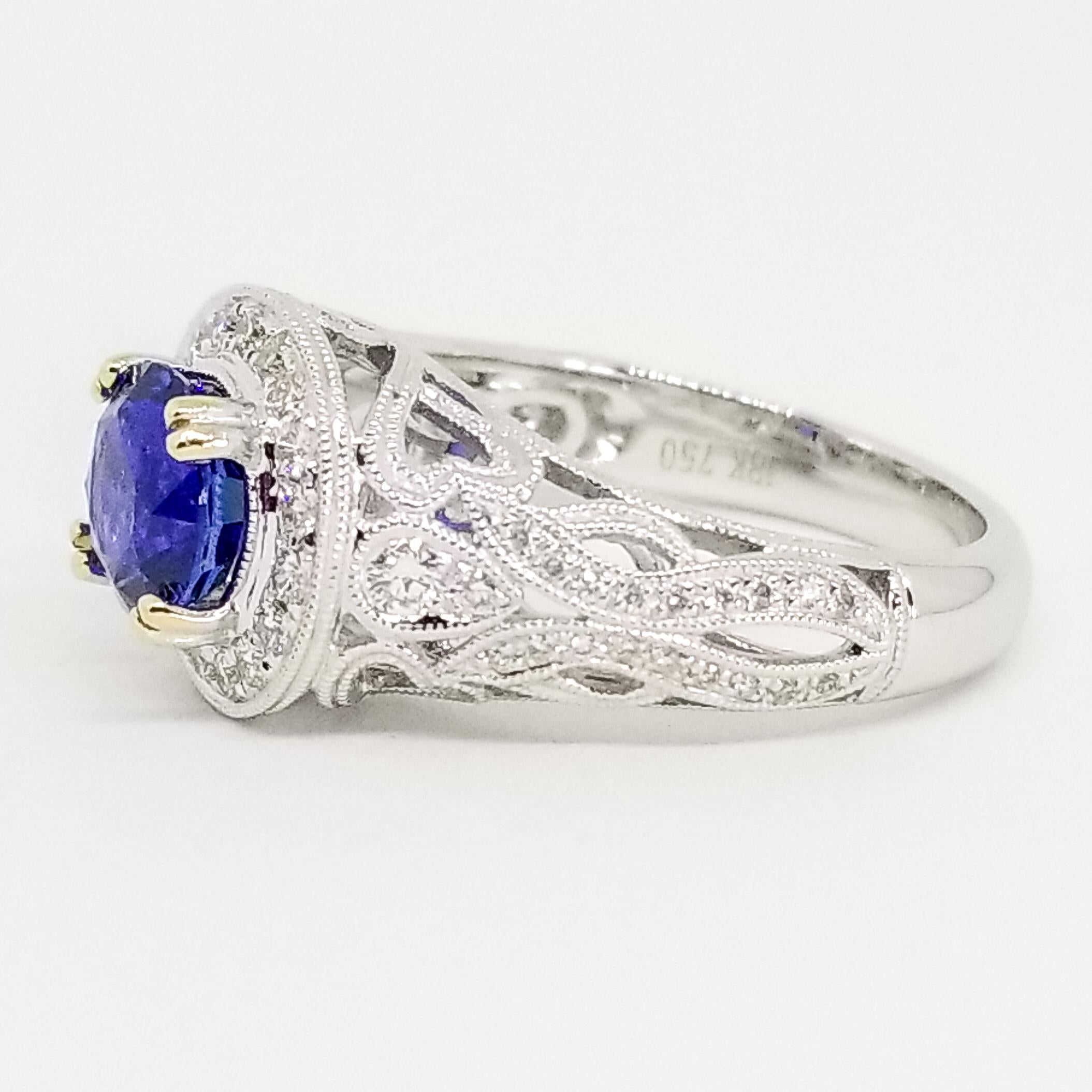 Rich Blue AAA Sapphire and Diamond Halo Ring 18K White Gold Filigree Millegrain For Sale 7