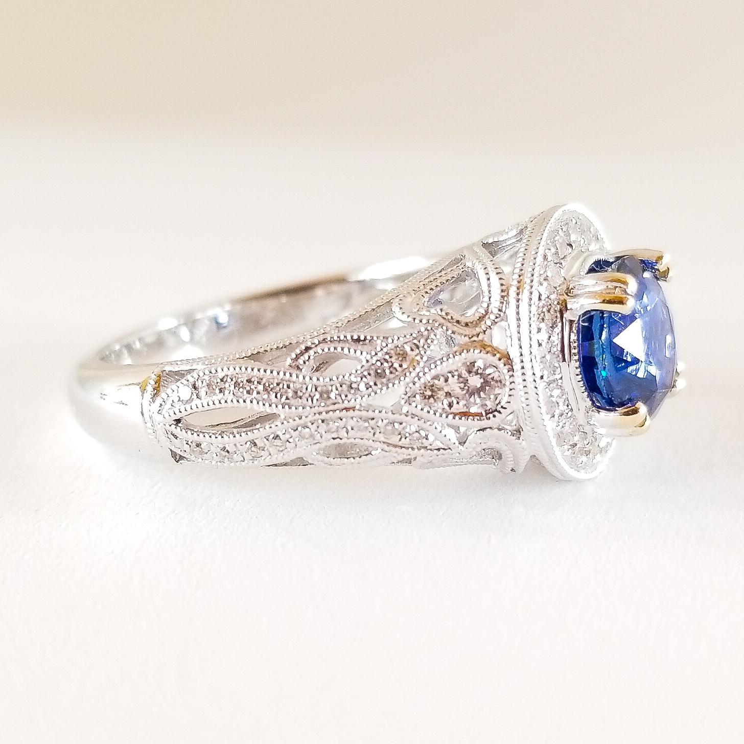 Rich Blue AAA Sapphire and Diamond Halo Ring 18K White Gold Filigree Millegrain For Sale 9