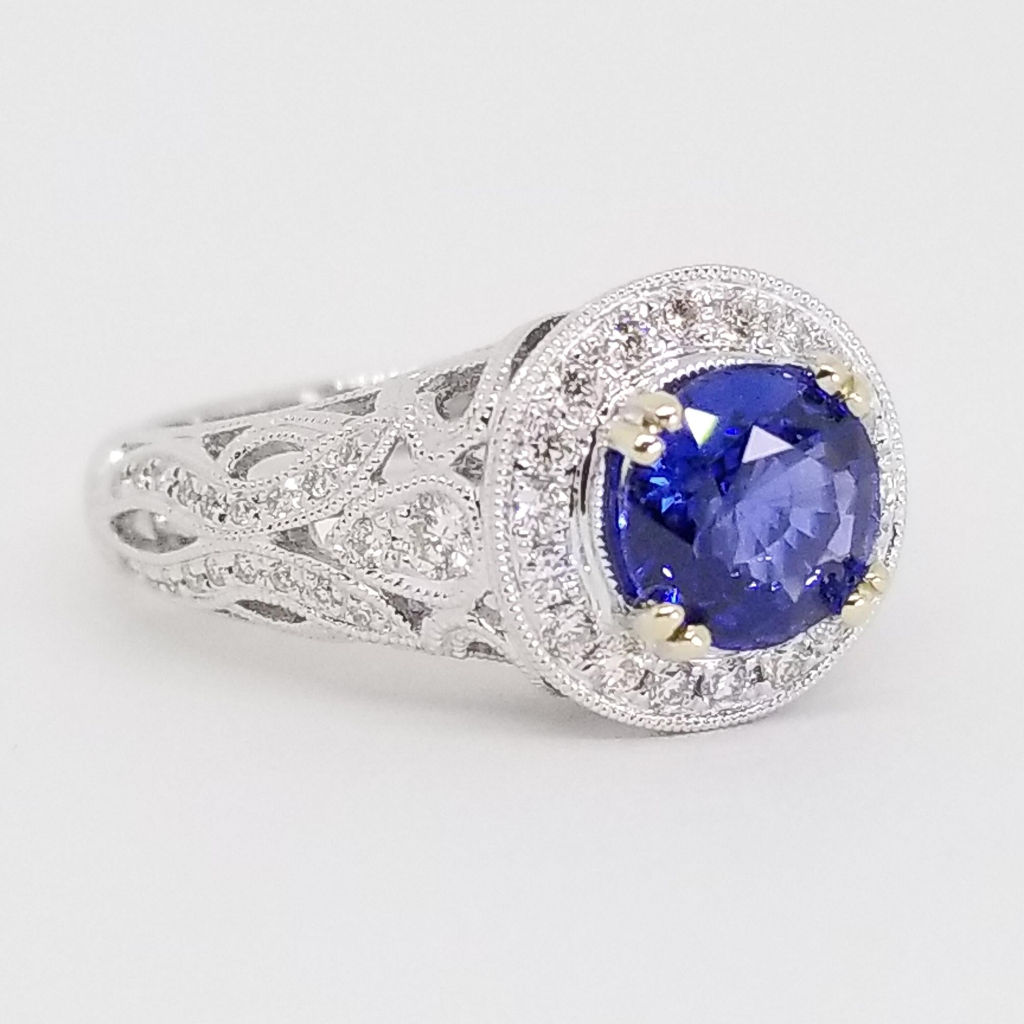 Rich Blue AAA Sapphire and Diamond Halo Ring 18K White Gold Filigree Millegrain For Sale 10