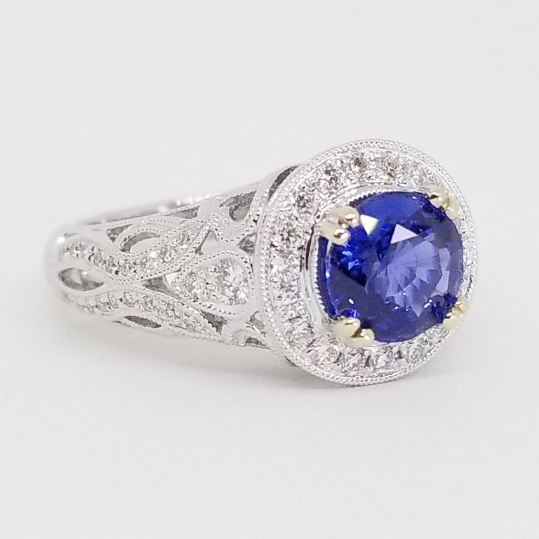 Rich Blue AAA Sapphire and Diamond Halo Ring 18K White Gold Filigree Millegrain For Sale 12