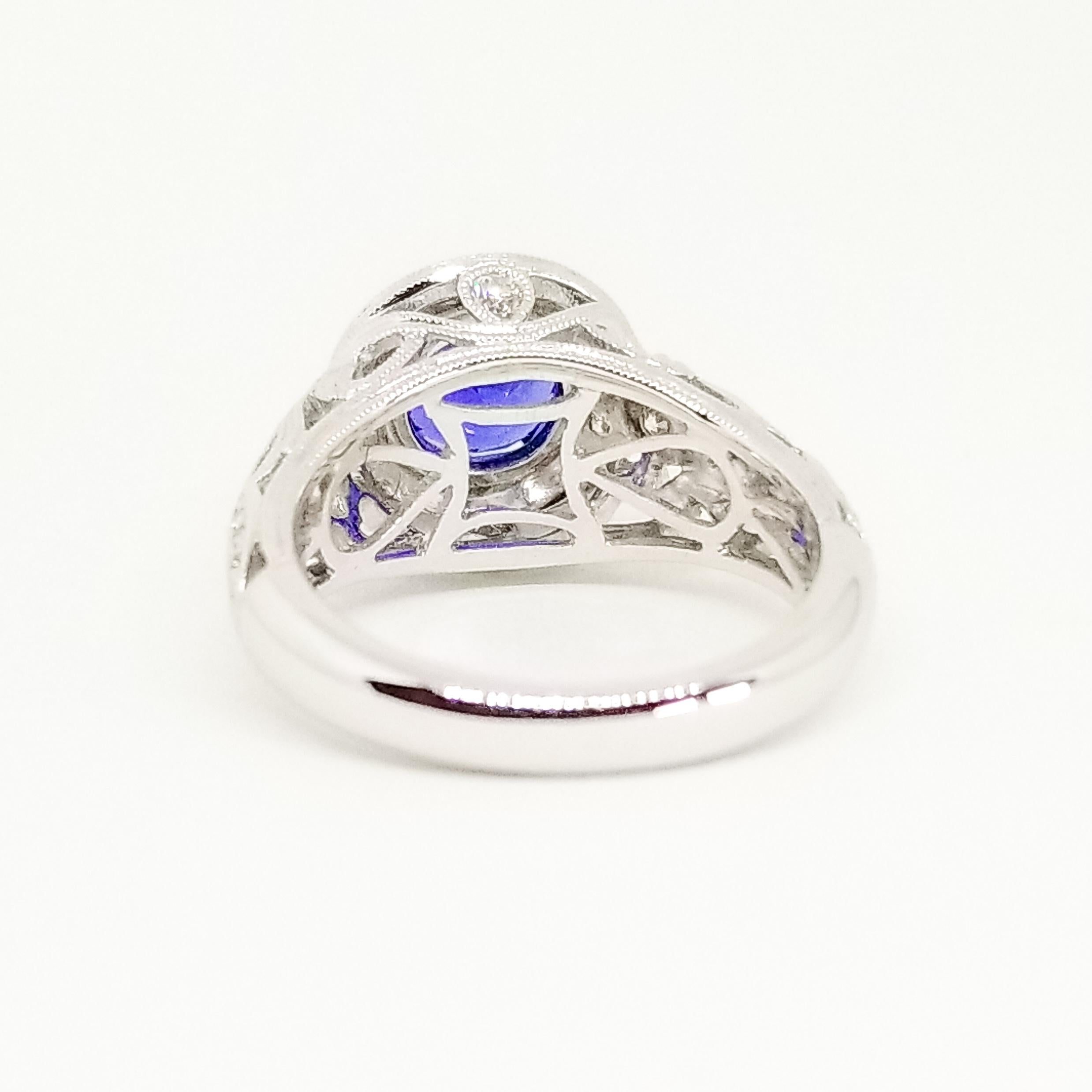 Rich Blue AAA Sapphire and Diamond Halo Ring 18K White Gold Filigree Millegrain For Sale 11