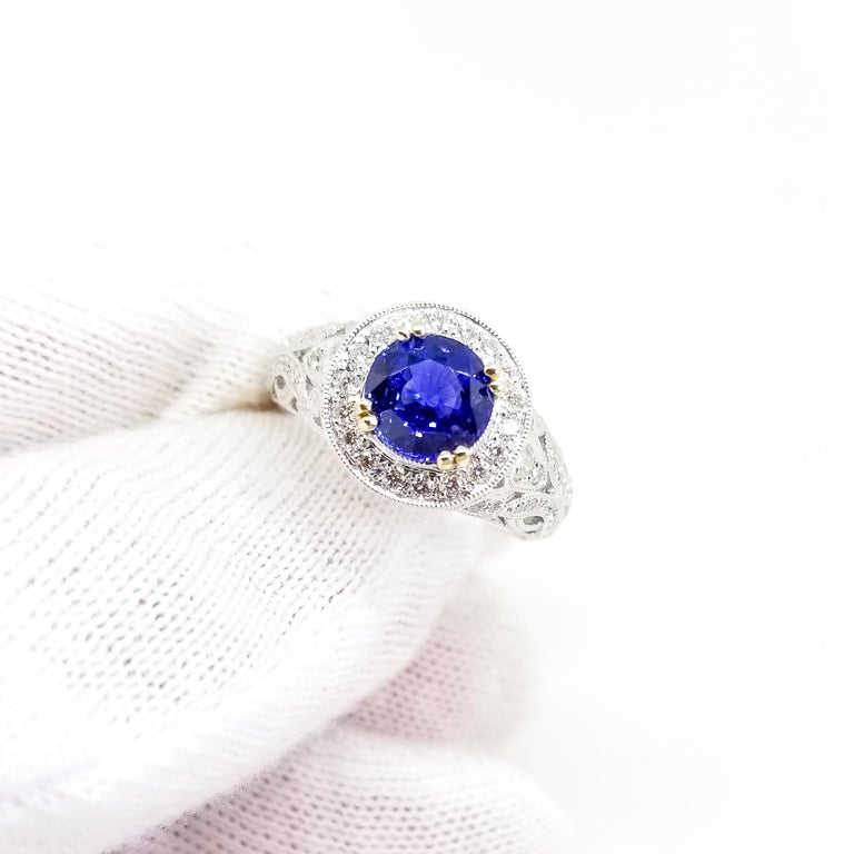 Rich Blue AAA Sapphire and Diamond Halo Ring 18K White Gold Filigree Millegrain In New Condition For Sale In Lambertville , NJ