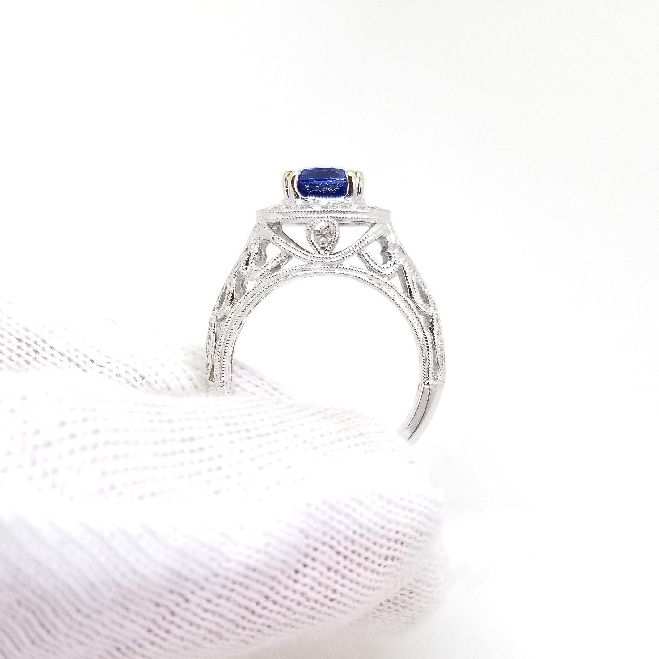 Round Cut Rich Blue AAA Sapphire and Diamond Halo Ring 18K White Gold Filigree Millegrain For Sale