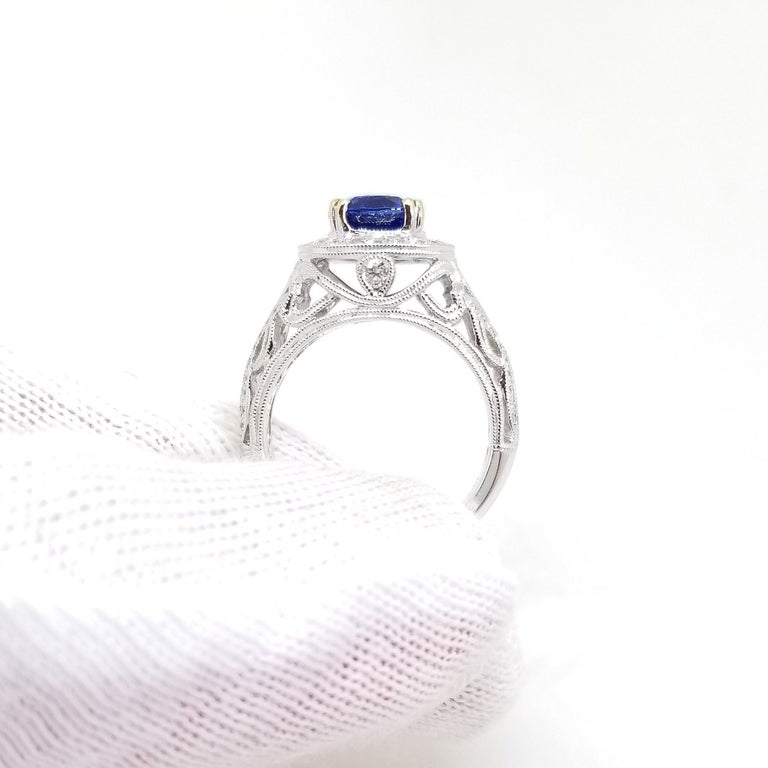 Women's Rich Blue AAA Sapphire and Diamond Halo Ring 18K White Gold Filigree Millegrain For Sale