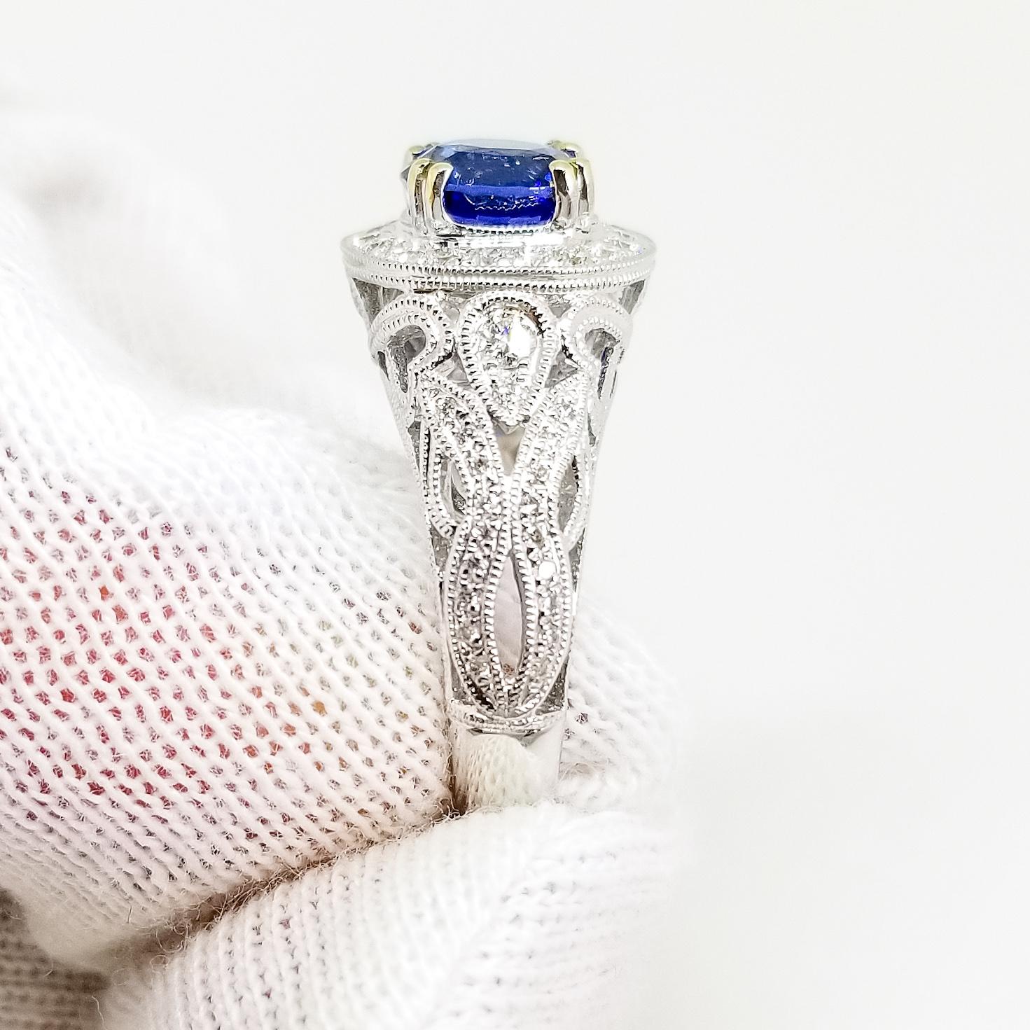 Women's Rich Blue AAA Sapphire and Diamond Halo Ring 18K White Gold Filigree Millegrain For Sale