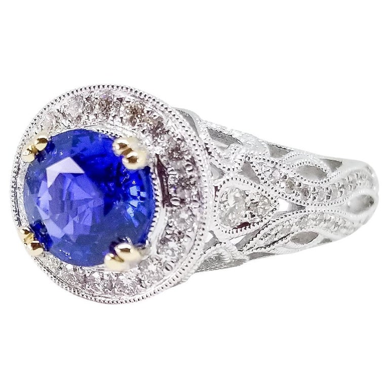 Rich Blue AAA Sapphire and Diamond Halo Ring 18K White Gold Filigree Millegrain For Sale