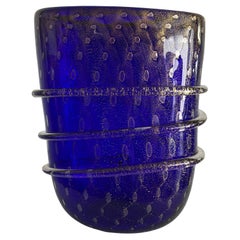 Rich Blue Murano Vase with Gold Flakes Inside of Glass