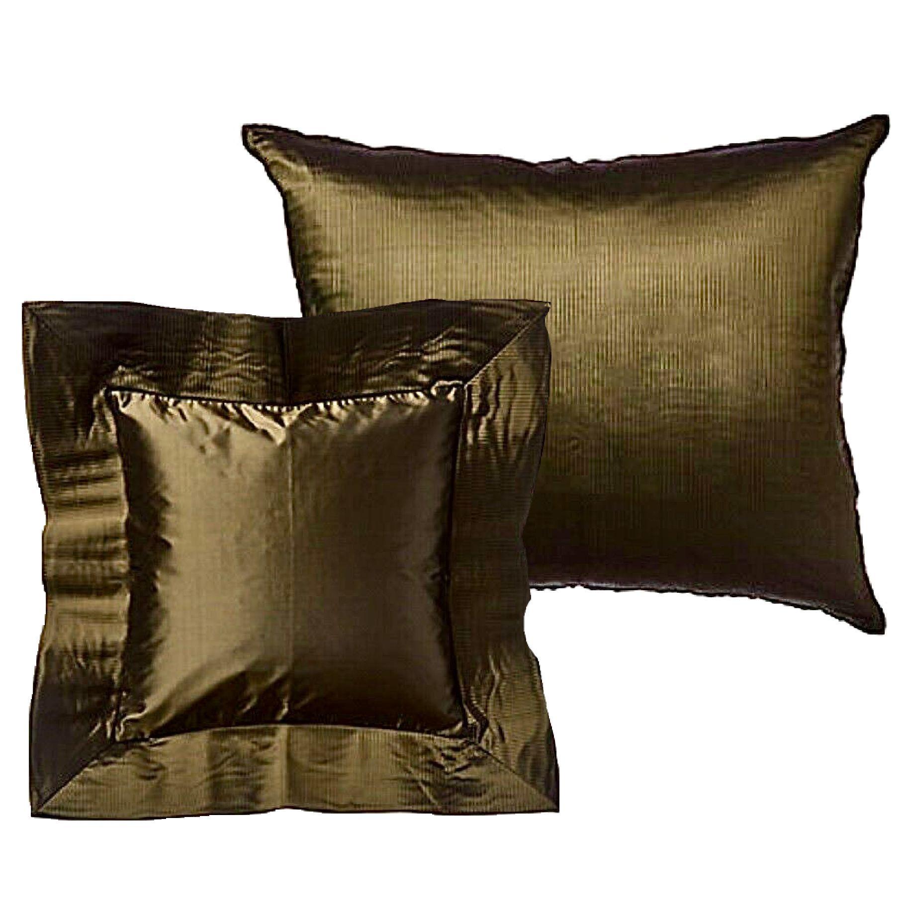 Rich bronze Origami pleated silk pillow sham pair, square and rectangular, with zip. Square sham has large pleated flange. Square fits 14 x 14”. Rectangle: 18 x 22”.