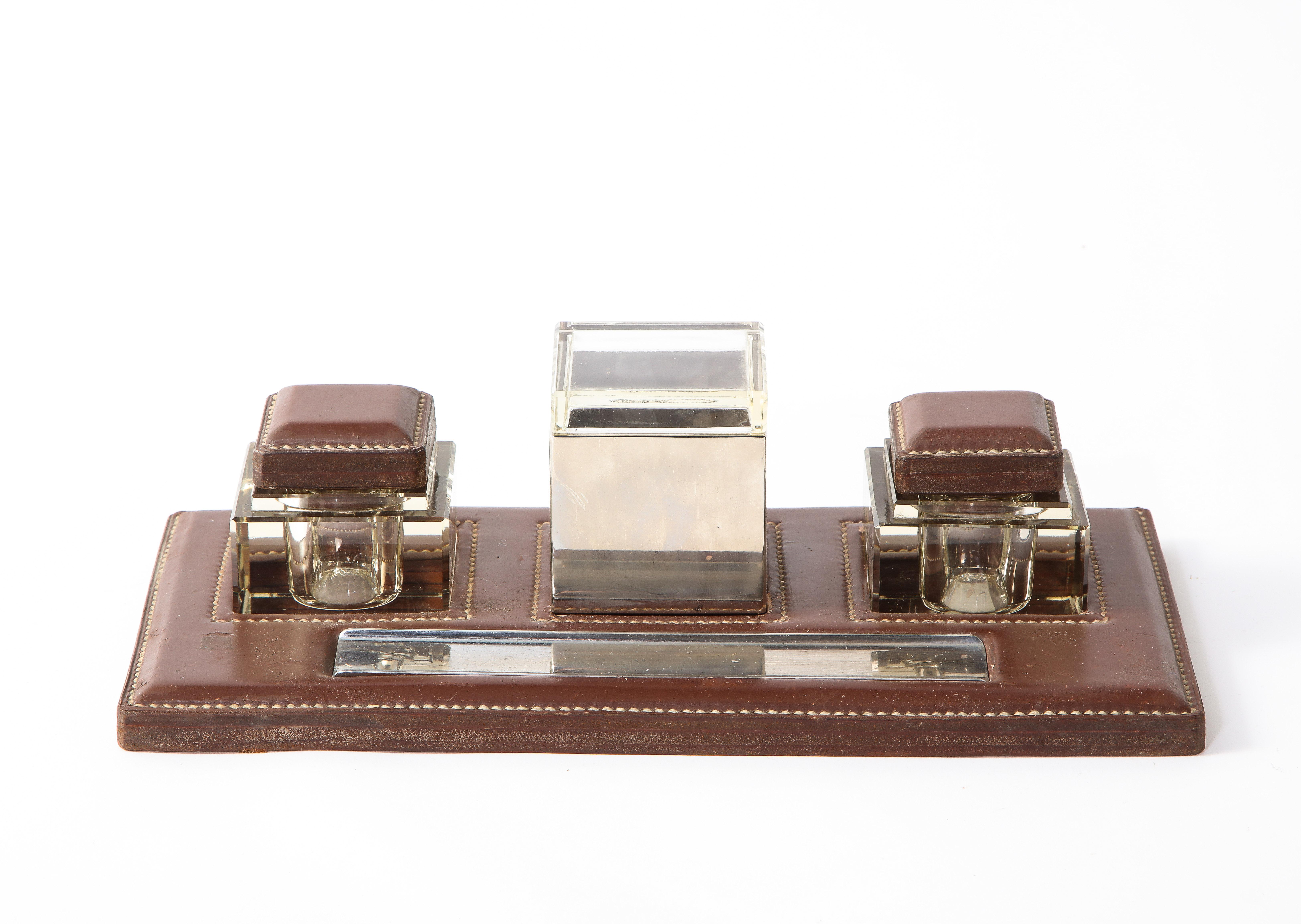 Mid-Century Modern Rich Brown Leather Desk Set by Jacques Adnet, France, 1950s