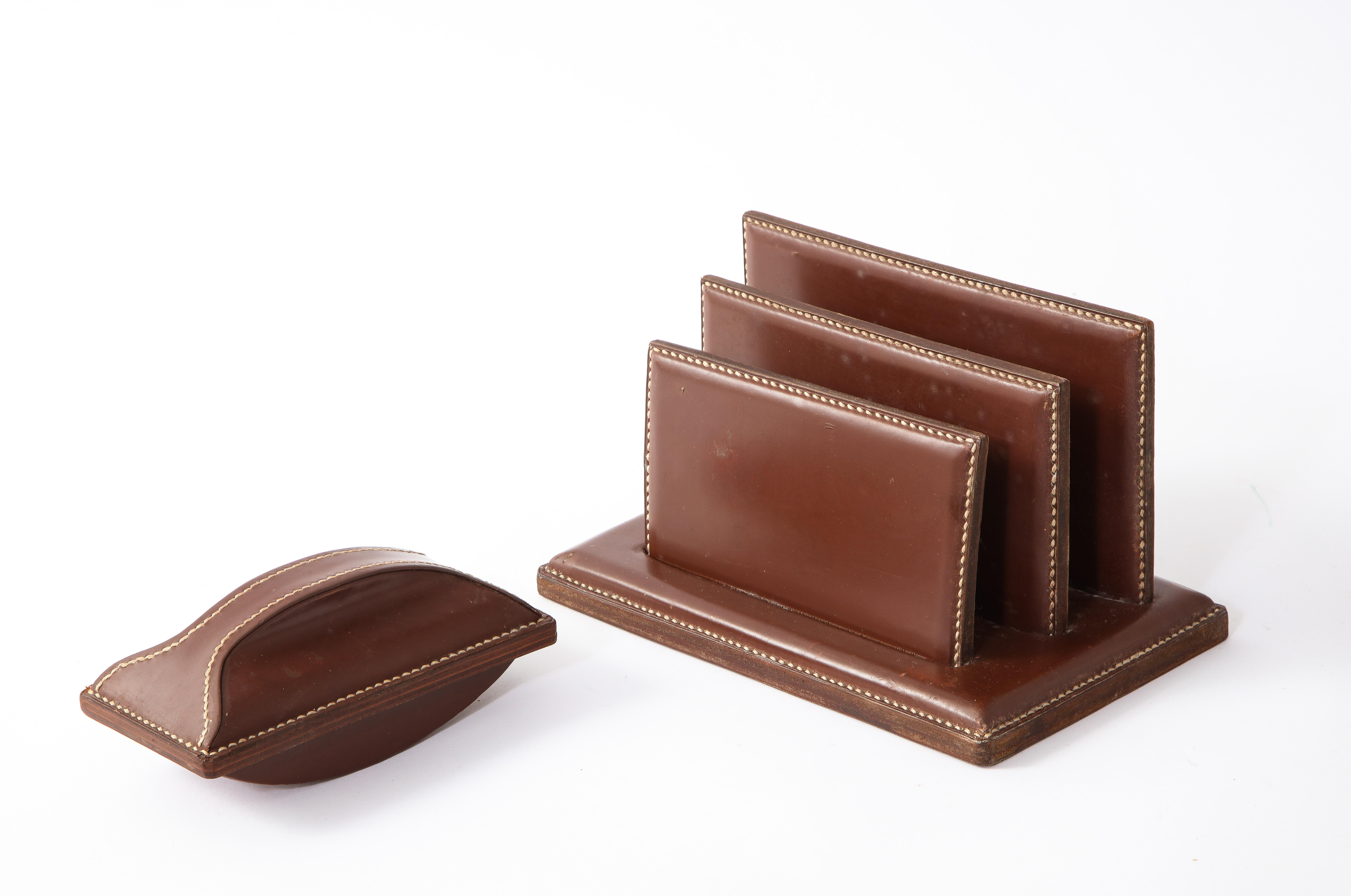 French Rich Brown Leather Desk Set by Jacques Adnet, France, 1950s