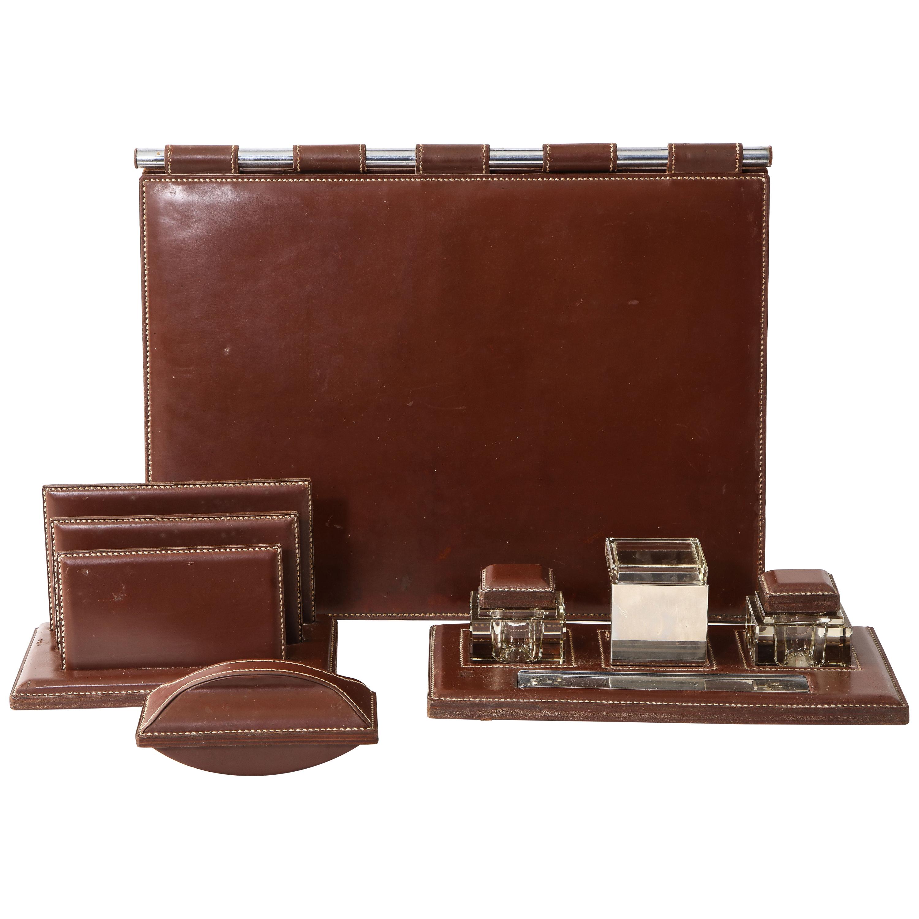 Rich Brown Leather Desk Set by Jacques Adnet, France, 1950s