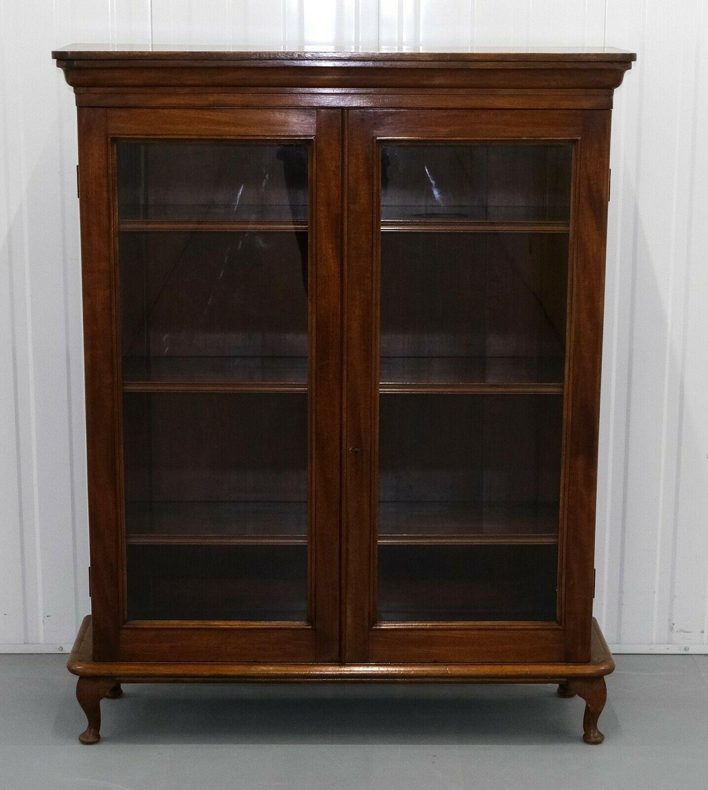 Victorian Rich Brown Hardwood Bookcase Two Doors & Adjustable Shelves on Cabriole Legs