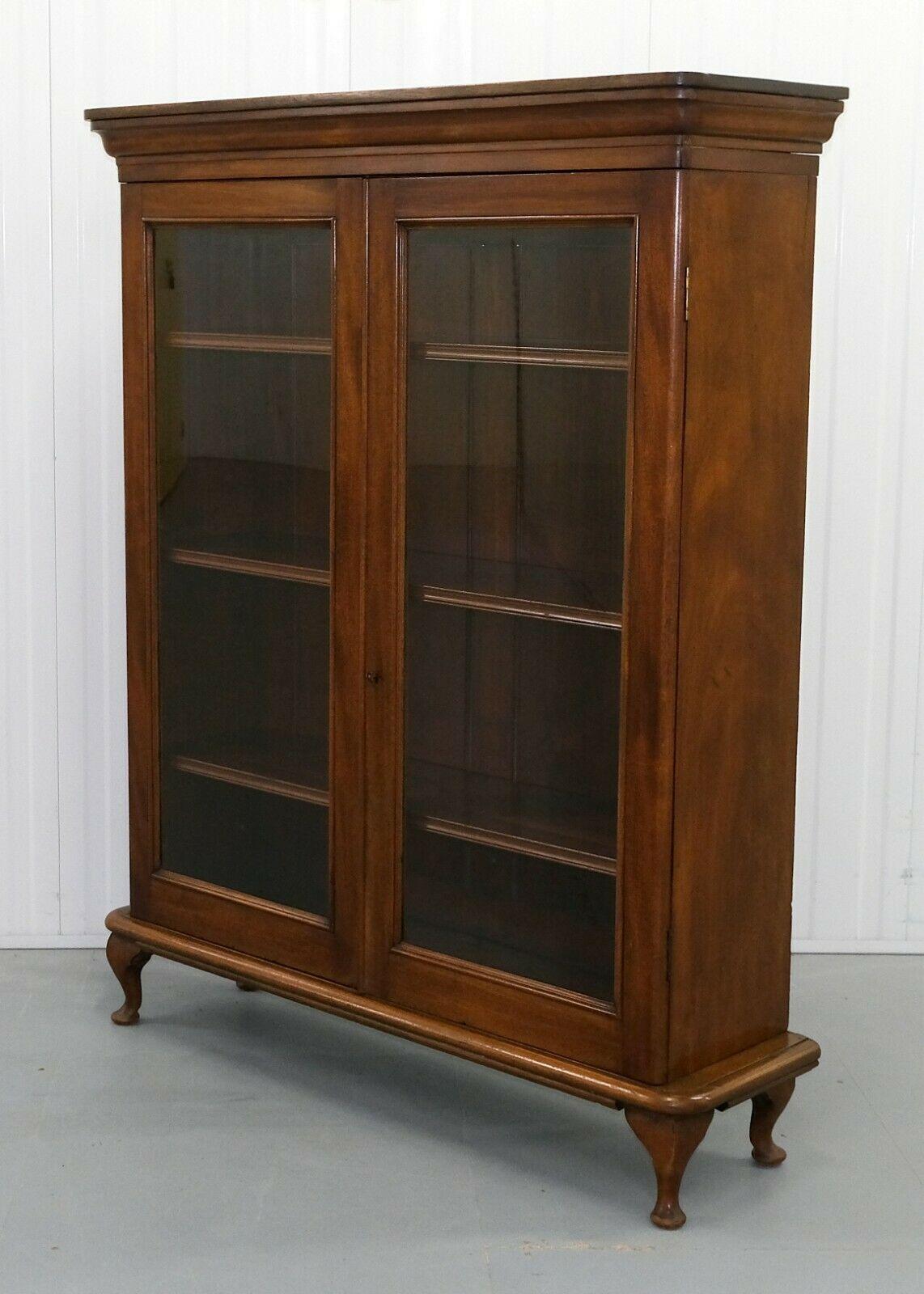 English Rich Brown Hardwood Bookcase Two Doors & Adjustable Shelves on Cabriole Legs