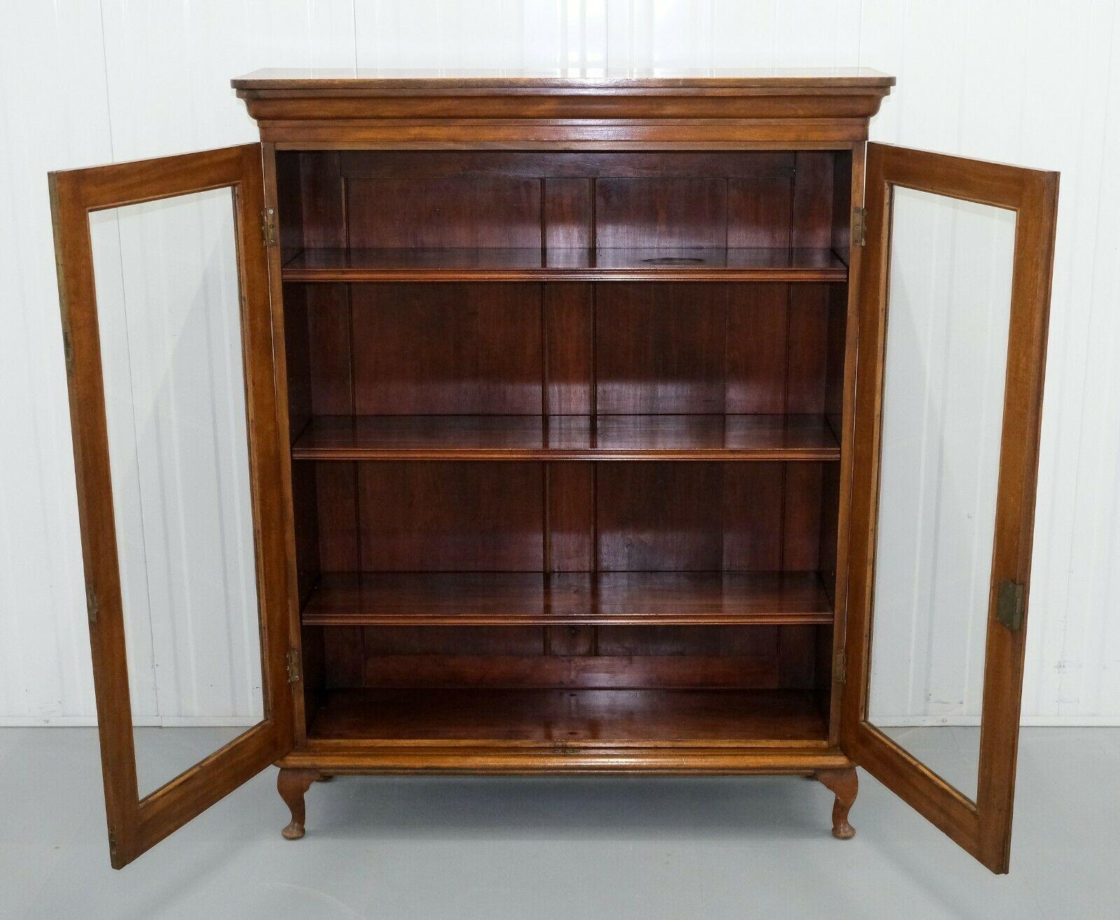 Hand-Crafted Rich Brown Hardwood Bookcase Two Doors & Adjustable Shelves on Cabriole Legs