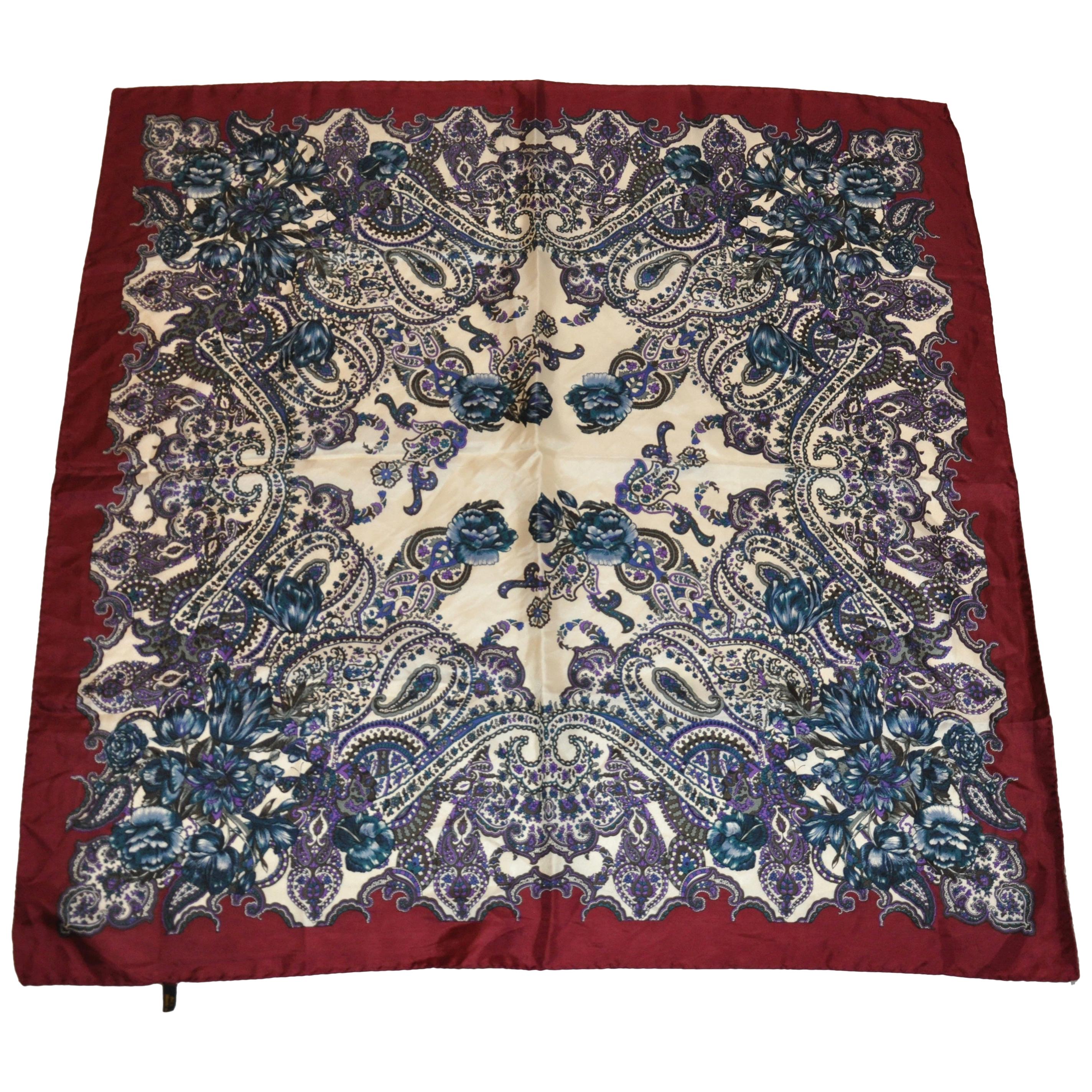 Rich Burgundy "Floral Entwined With Palseys" Silk Scarf