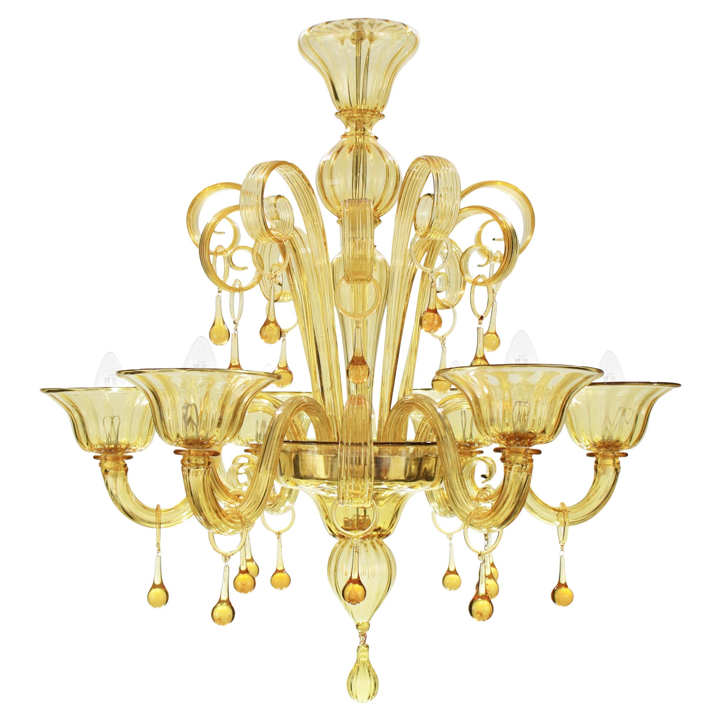 Lustre riche à 6 bras en verre de Murano artistique soufflé à la bouche, couleur ambre, multiforme