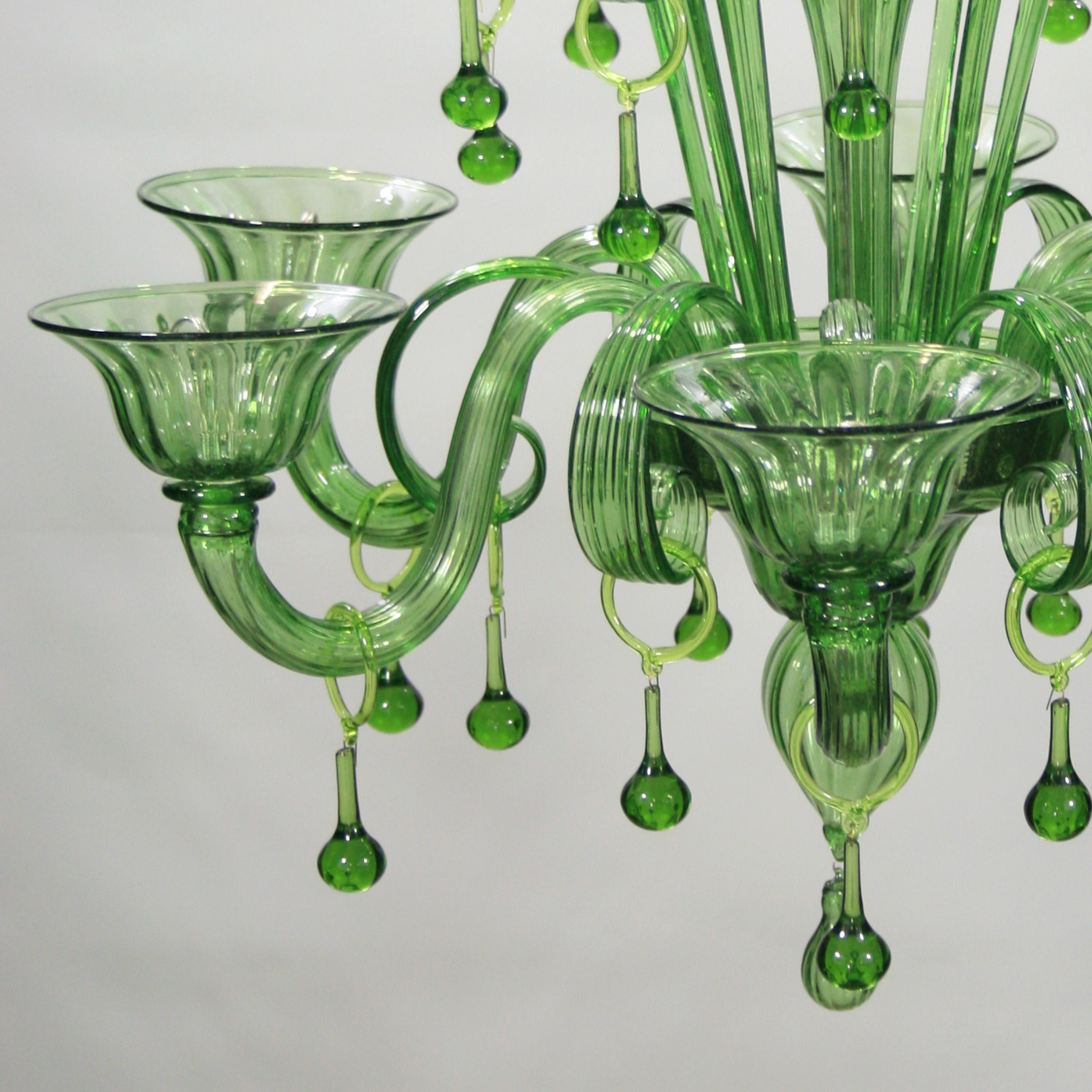 Italian Rich Chandelier 6 Arms Green Handblown Artistic Murano Glass by Multiforme For Sale