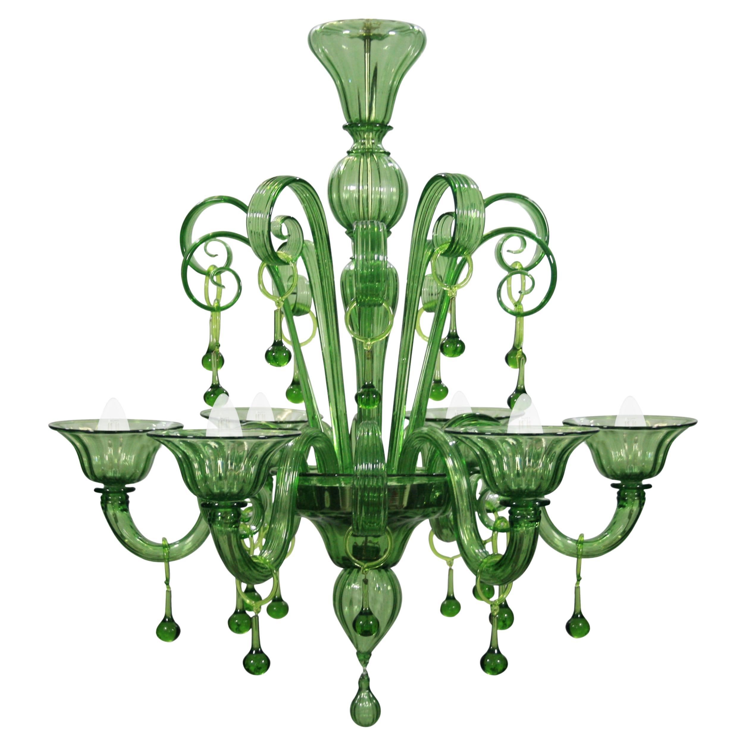 Rich Chandelier 6 Arms Green Handblown Artistic Murano Glass by Multiforme