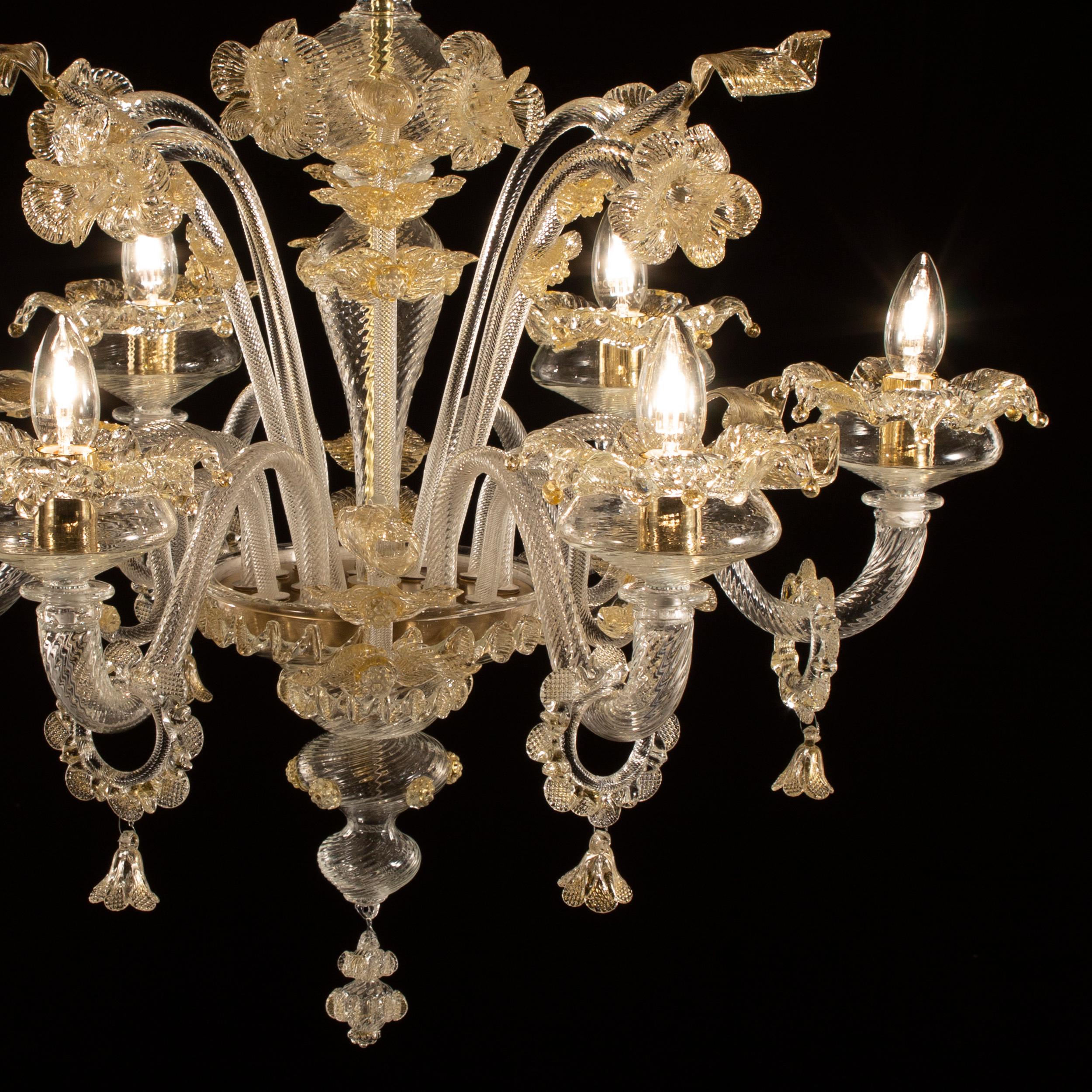 Other Rich Chandelier 6Arms Crystal and Gold Murano Glass by Multiforme in stock For Sale