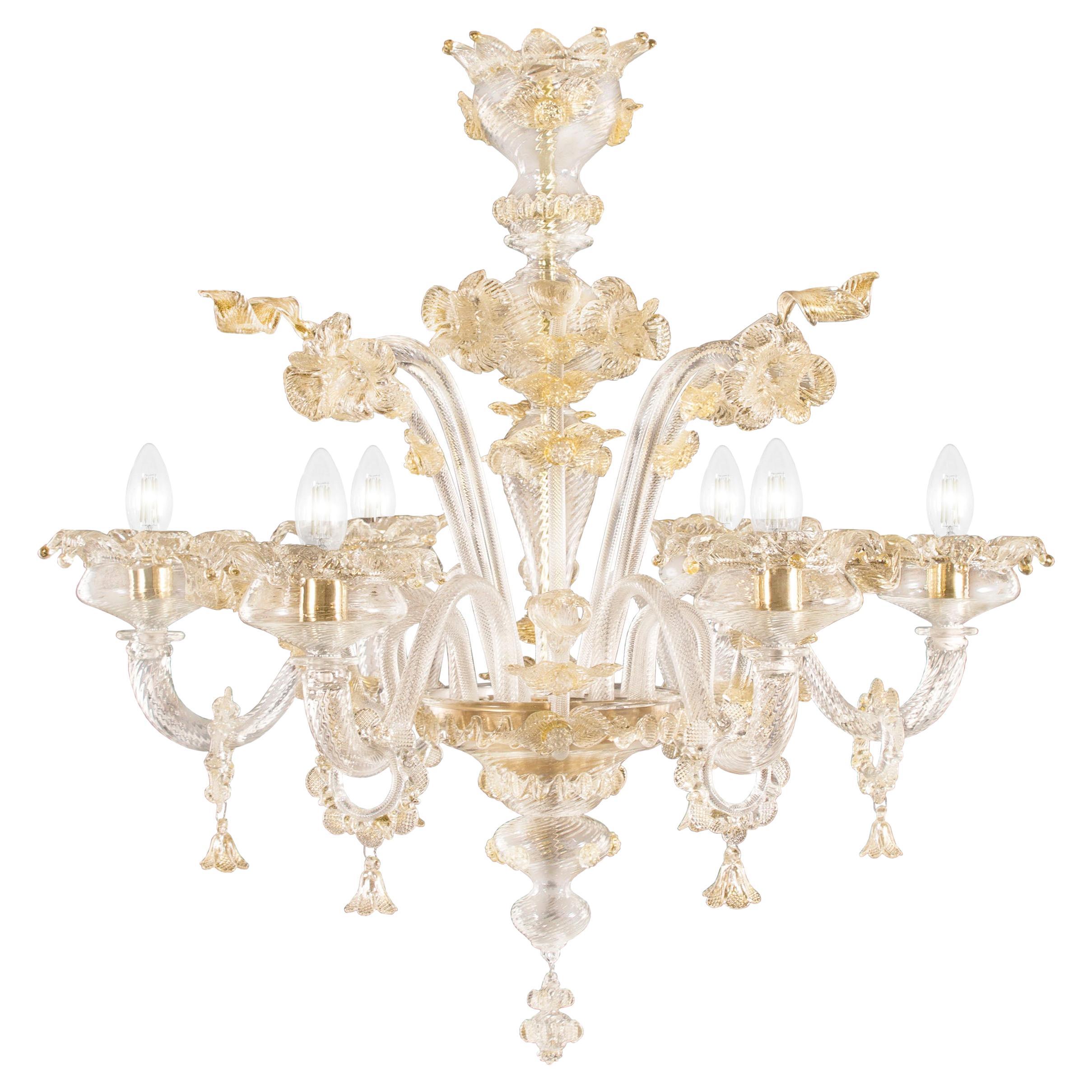 Rich Chandelier 6Arms Crystal and Gold Murano Glass by Multiforme in stock