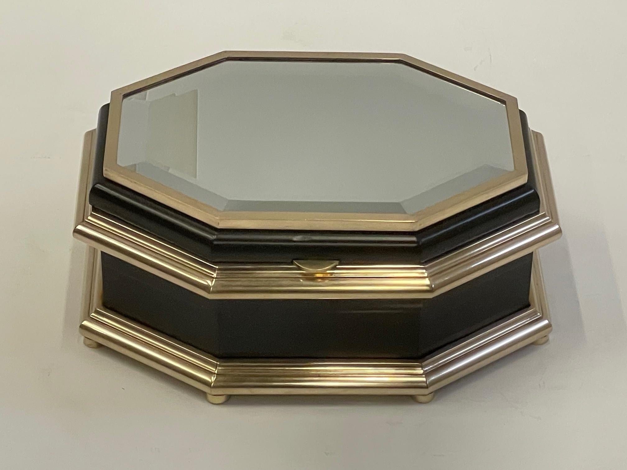 American Rich Chapman Black Laquer Brass & Mirrored Octagonal Oblong Treasure Box For Sale