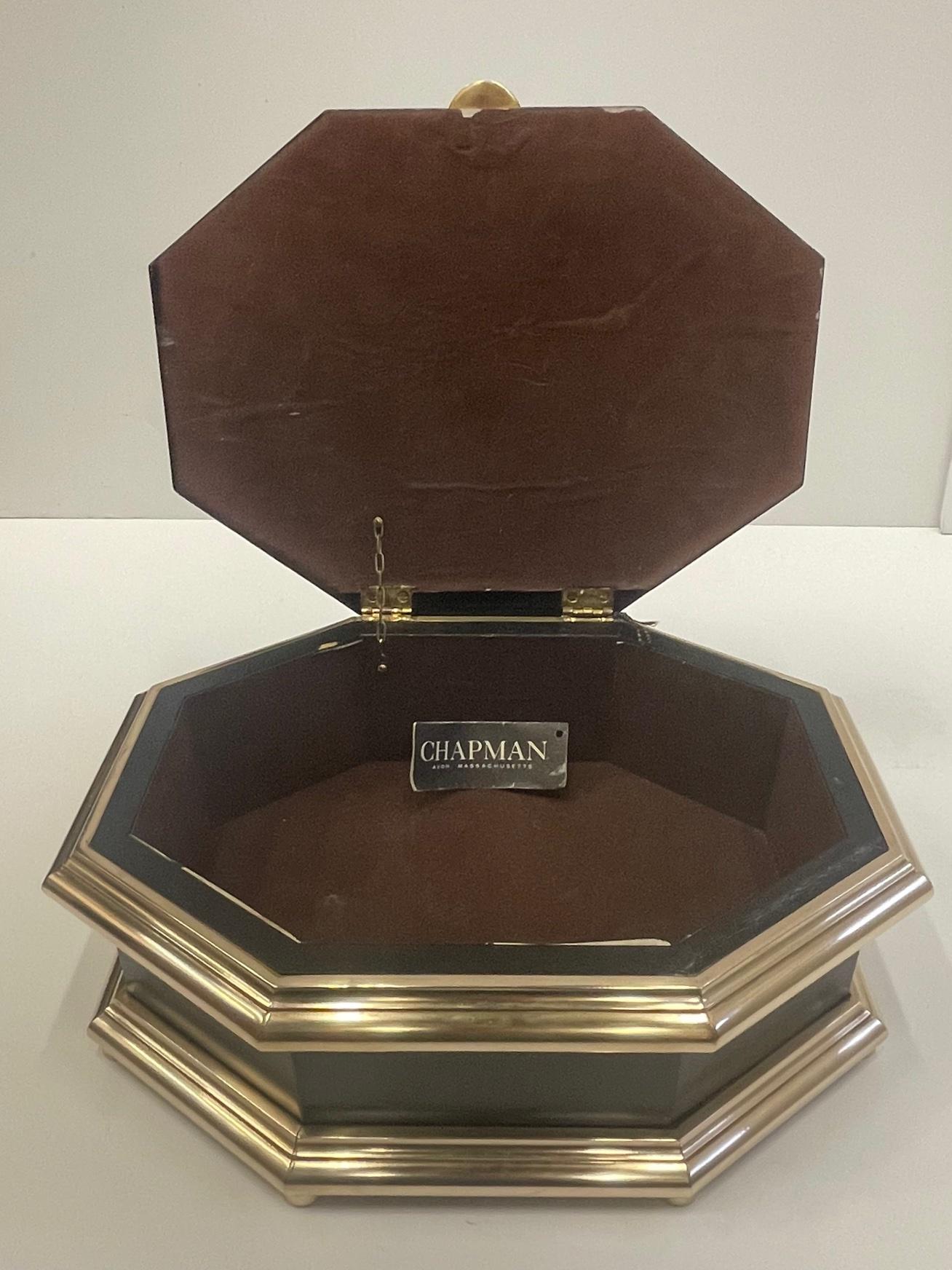 Rich Chapman Black Laquer Brass & Mirrored Octagonal Oblong Treasure Box In Good Condition For Sale In Hopewell, NJ