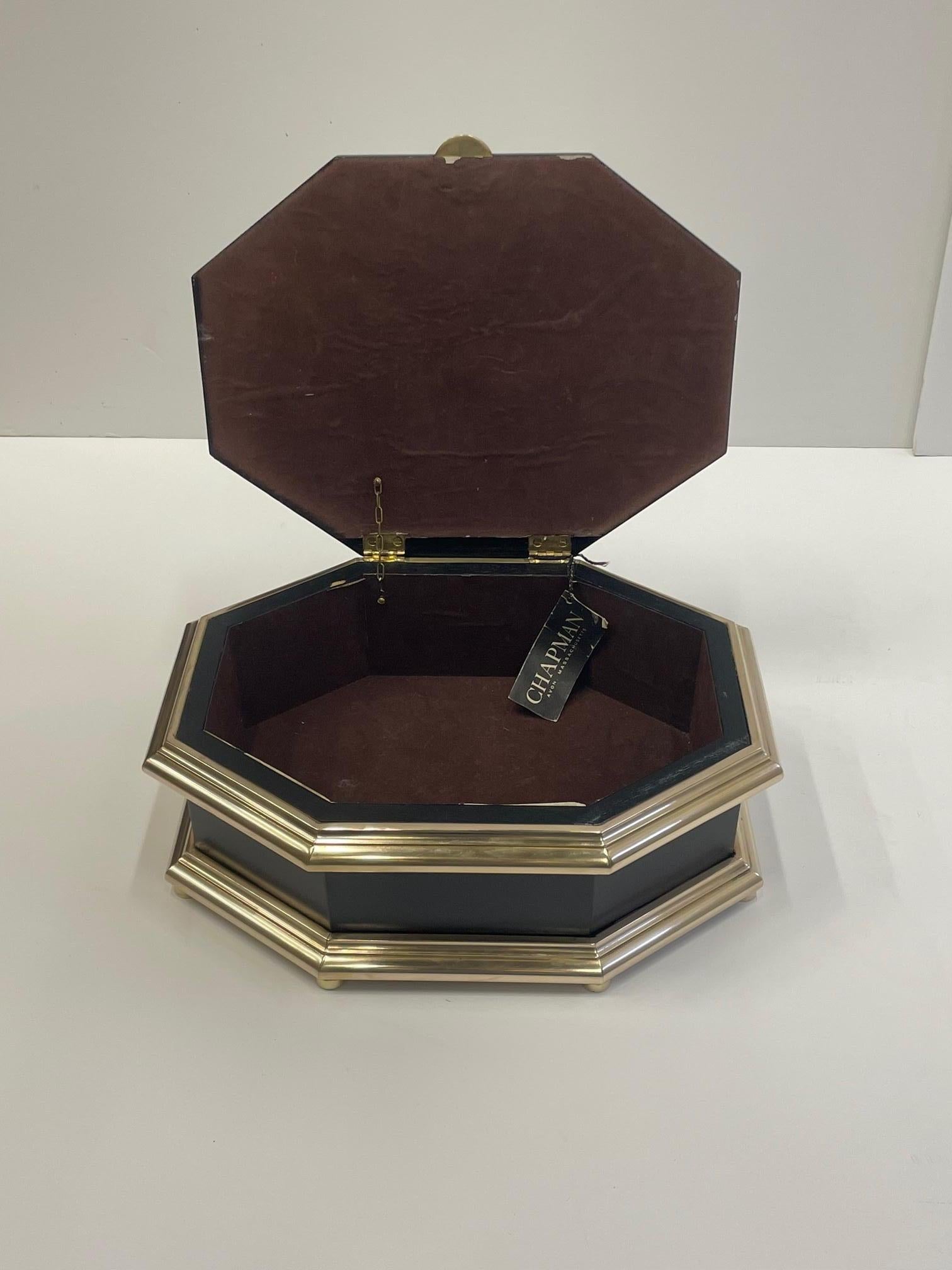 Late 20th Century Rich Chapman Black Laquer Brass & Mirrored Octagonal Oblong Treasure Box For Sale