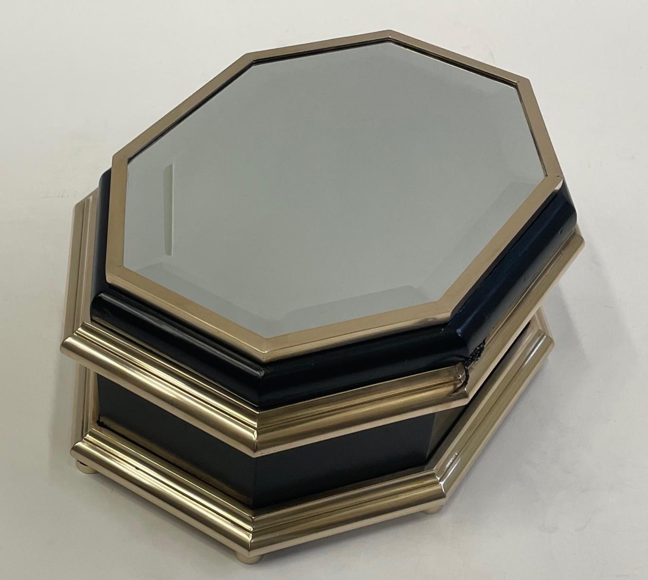 Rich Chapman Black Laquer Brass & Mirrored Octagonal Oblong Treasure Box For Sale 1