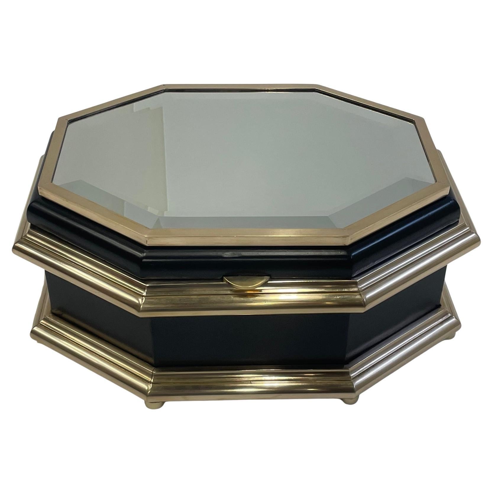 Rich Chapman Black Laquer Brass & Mirrored Octagonal Oblong Treasure Box For Sale