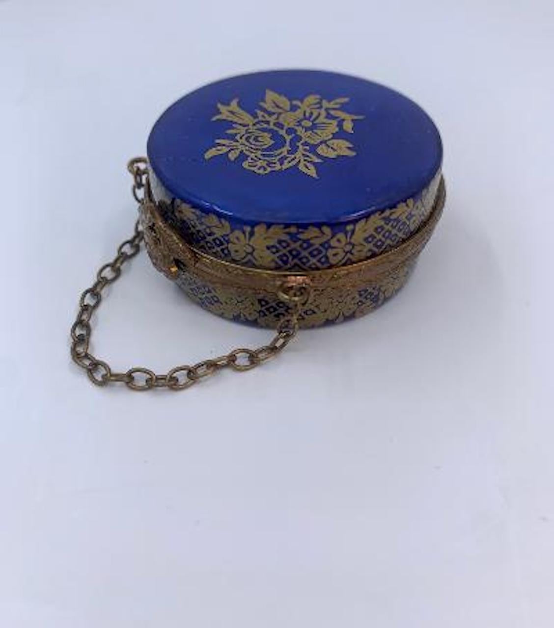 Rich Cobalt and Gold Limoges France Hand Painted Porcelain Hat Box Trinket Box 2