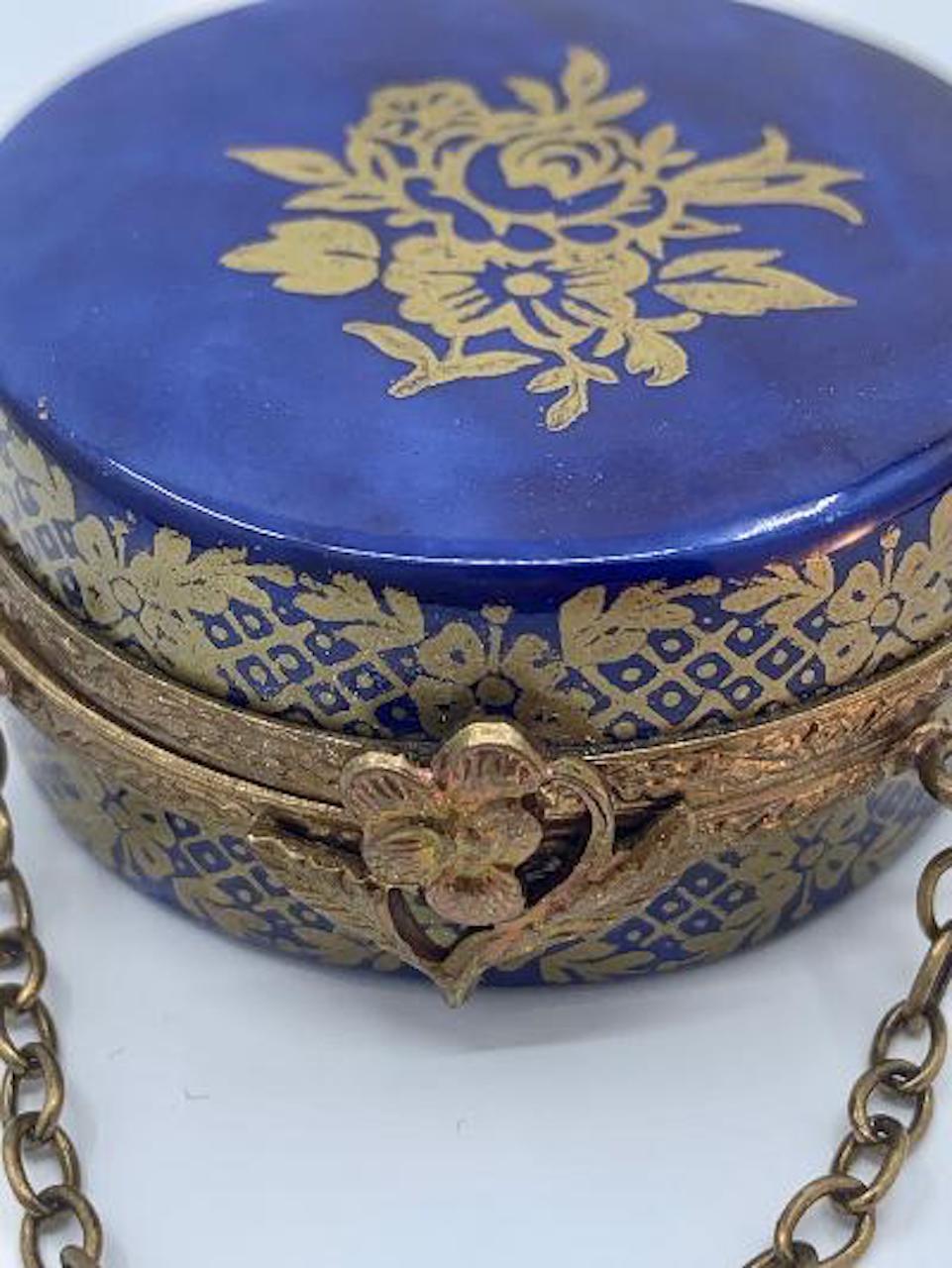 French Provincial Rich Cobalt and Gold Limoges France Hand Painted Porcelain Hat Box Trinket Box