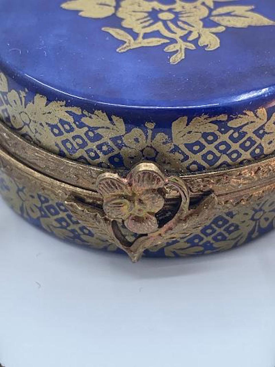 French Rich Cobalt and Gold Limoges France Hand Painted Porcelain Hat Box Trinket Box