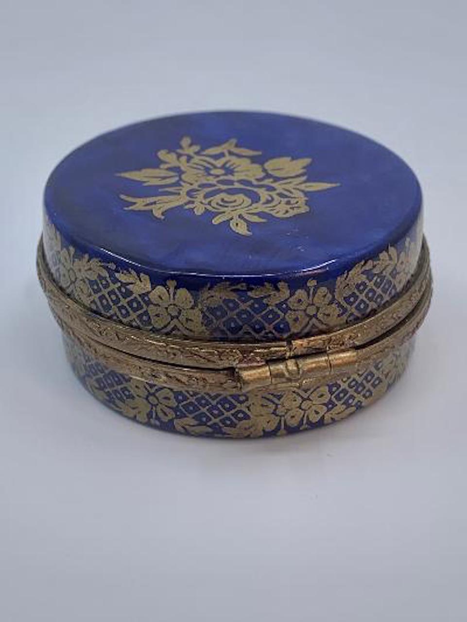 Hand-Painted Rich Cobalt and Gold Limoges France Hand Painted Porcelain Hat Box Trinket Box