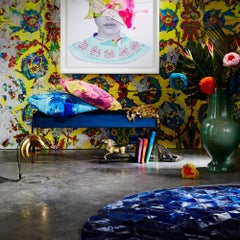 Rich Color Blocked Round Trilogia Midnight Blue Cowhide Rug Small