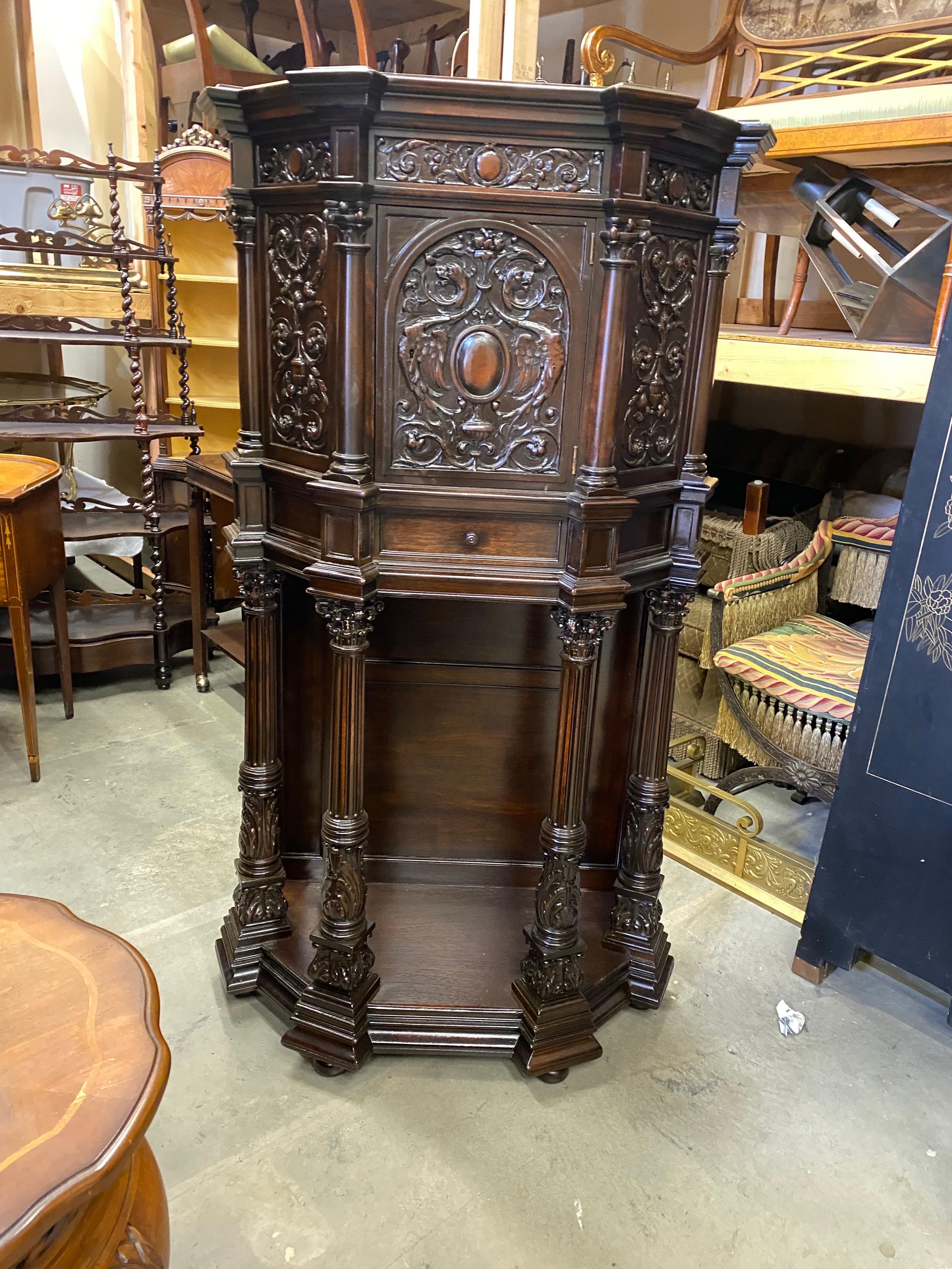 Tudor Rich Dark Walnut Hand Carved Antique English Court Cupboard For Sale